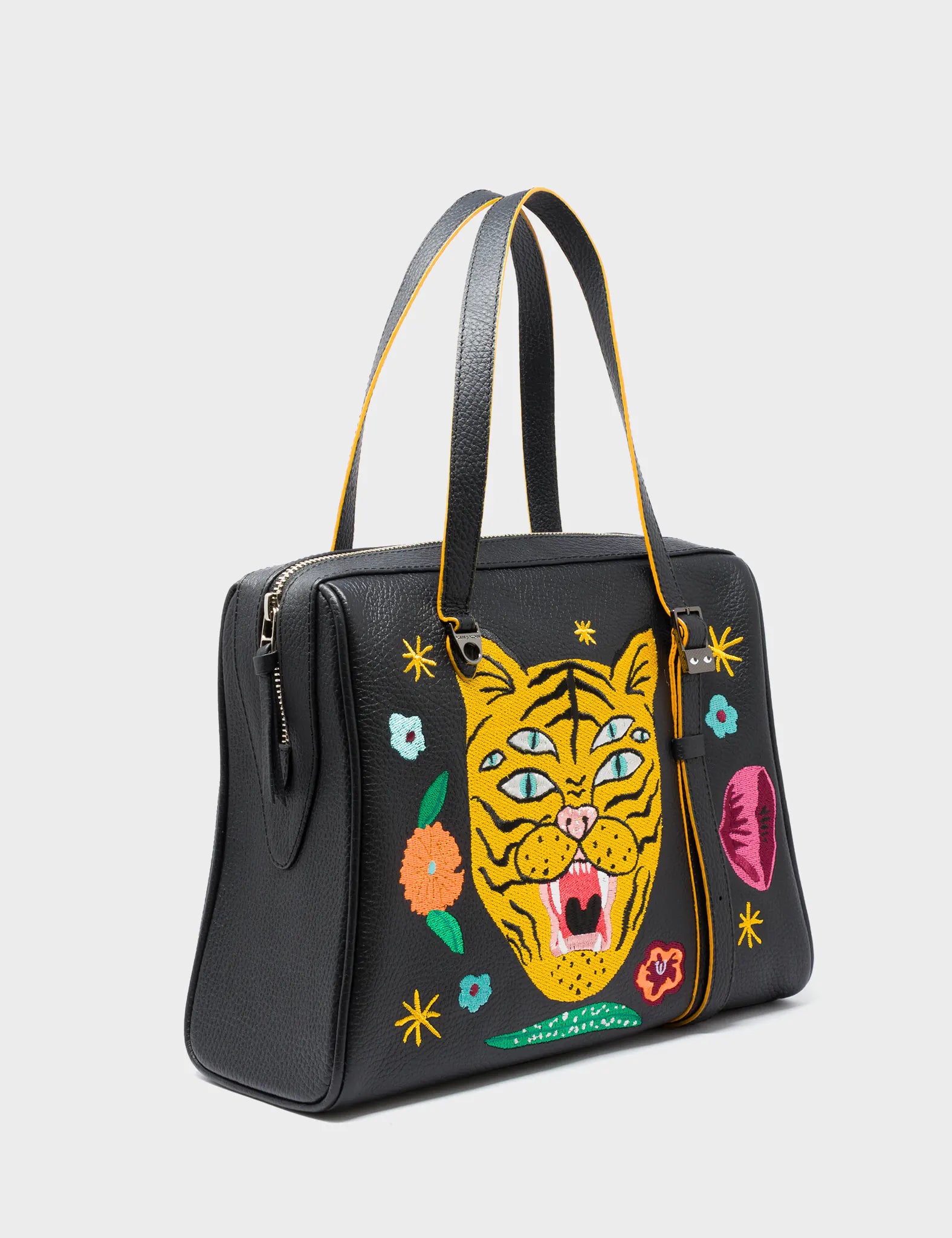 Elegant Esther Black Satchel Bag with Tiger and Flowers Embroidery - Perfect for Women's Fashion, Work, Travel & Everyday Use