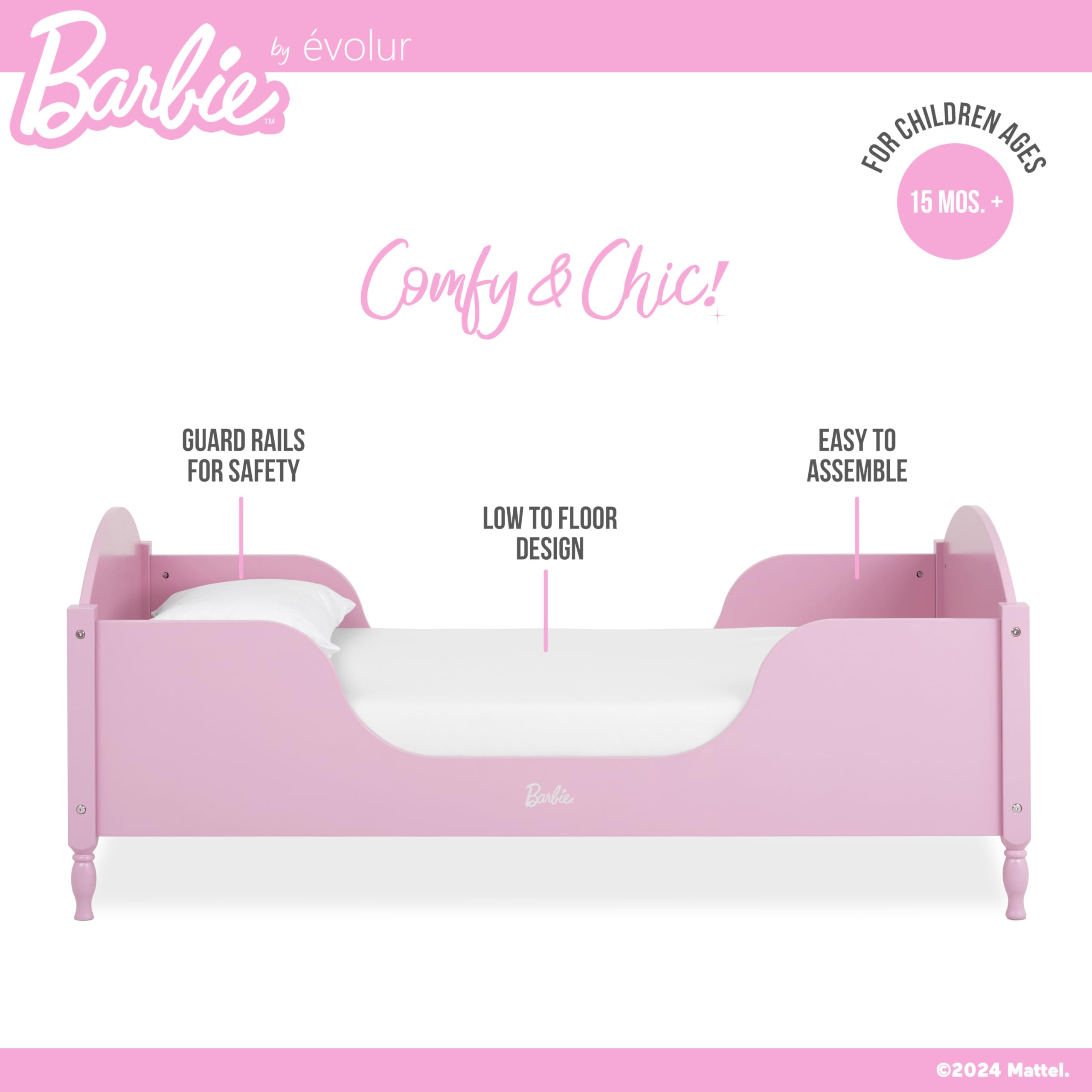 Barbie Dreamscape Wooden Toddler Bed - Pink JPMA & GreenGuard Gold Certified Low Floor Bed for Girls | Easy Assembly & Cleaning | Perfect for Nursery, Bedroom & Playroom Decor