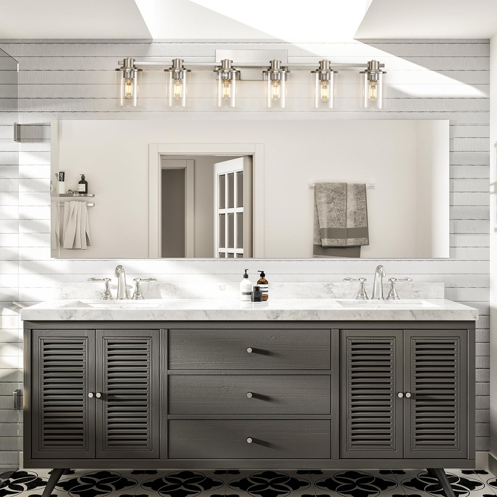 Brushed Nickel Bathroom Vanity Light Fixture - 6-Light Wall Sconce with Clear Glass Shade for Bathroom Mirror Lighting | Perfect for Modern Home Decor & Spa-Like Ambiance