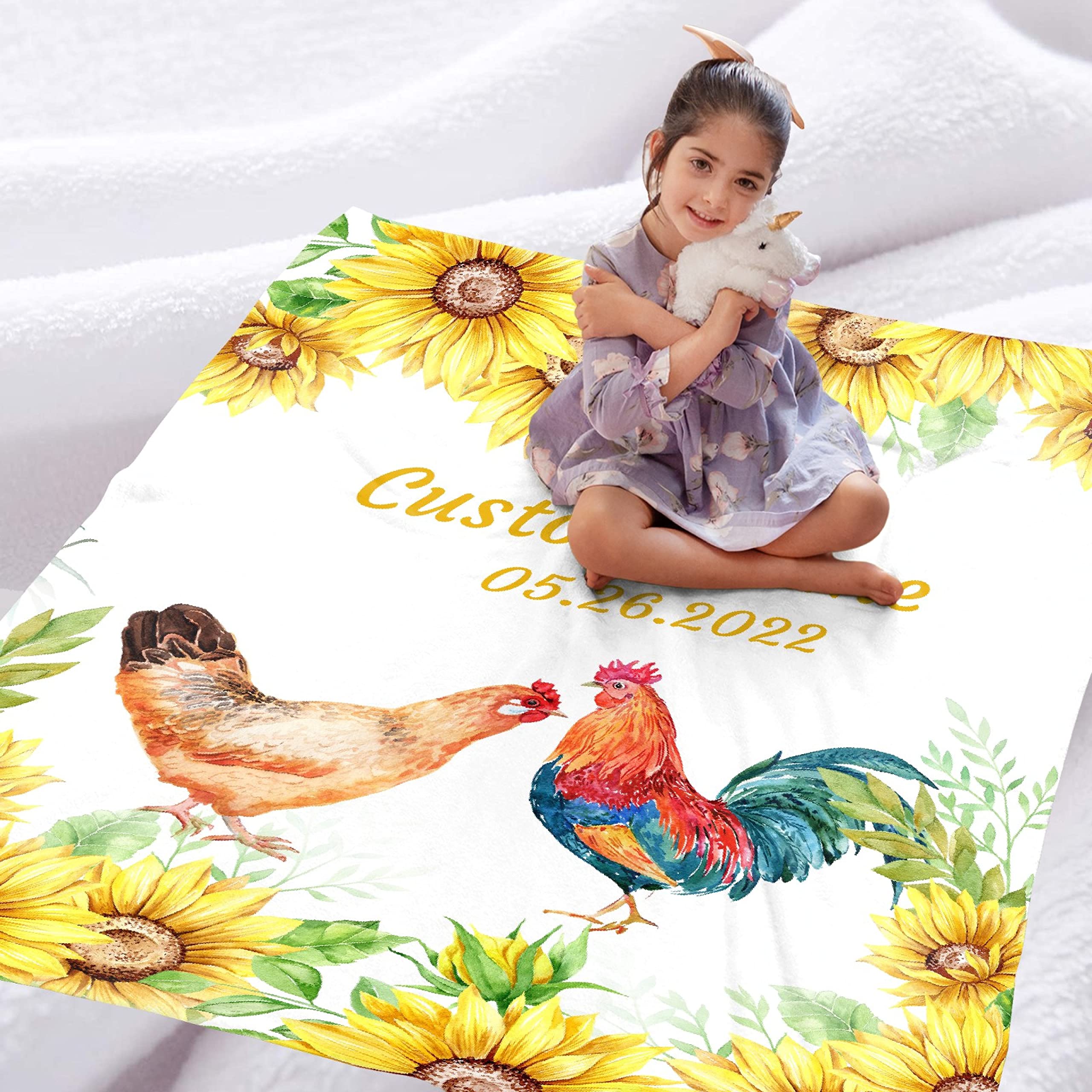 Personalized Sunflower Chicken Custom Blanket with Name - Extra Large 120x90 Inch Soft Throw Blanket for Kids, Toddlers, Boys & Girls - Perfect Birthday Gift, Family Keepsake & Cozy Home Decor for Bedroom, Sofa and Picnics