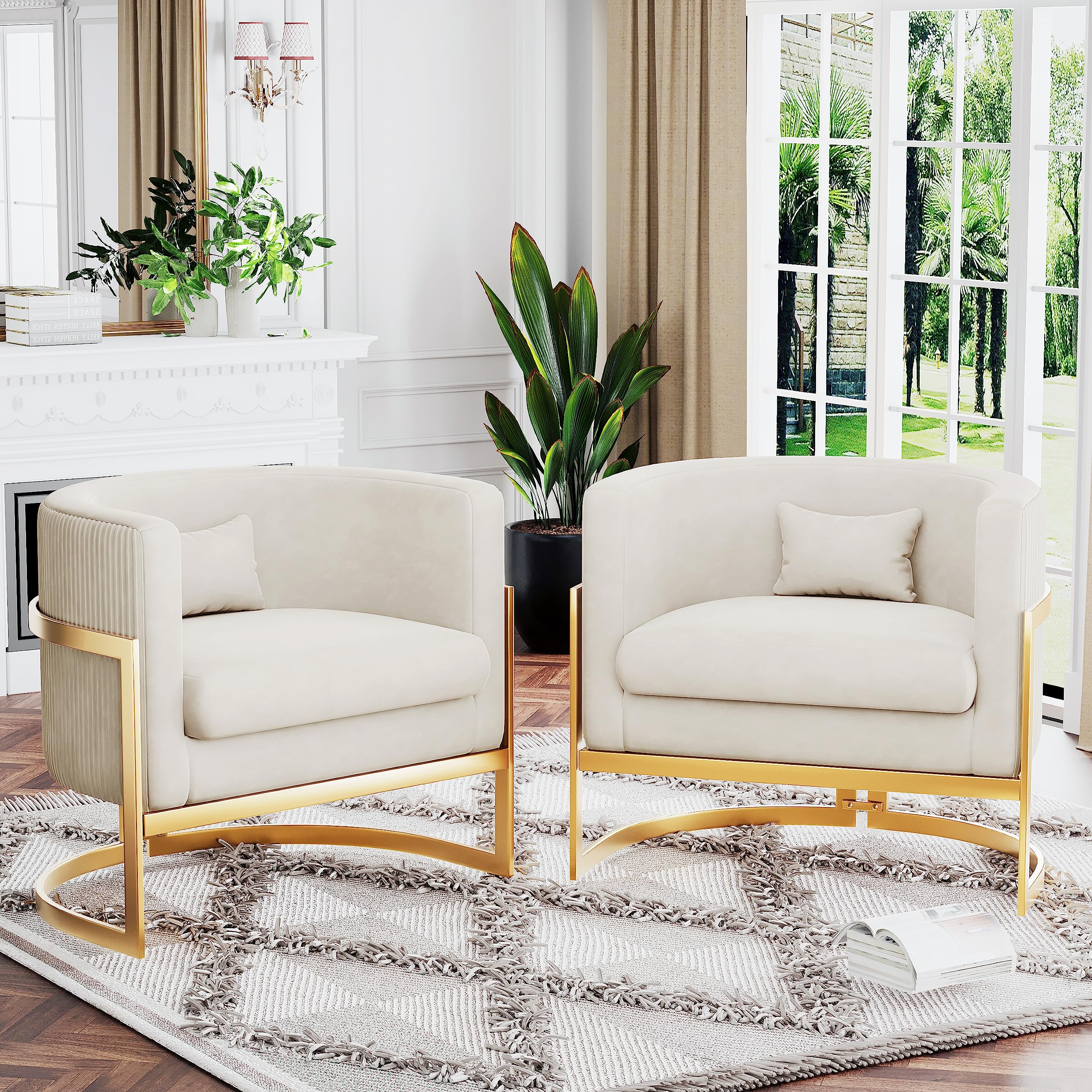 Velvet Accent Chair with Gold Legs - Modern Upholstered Barrel Armchair for Living Room, Bedroom & Office - Soft Club Side Chair in Ivory for Relaxing & Home Decor
