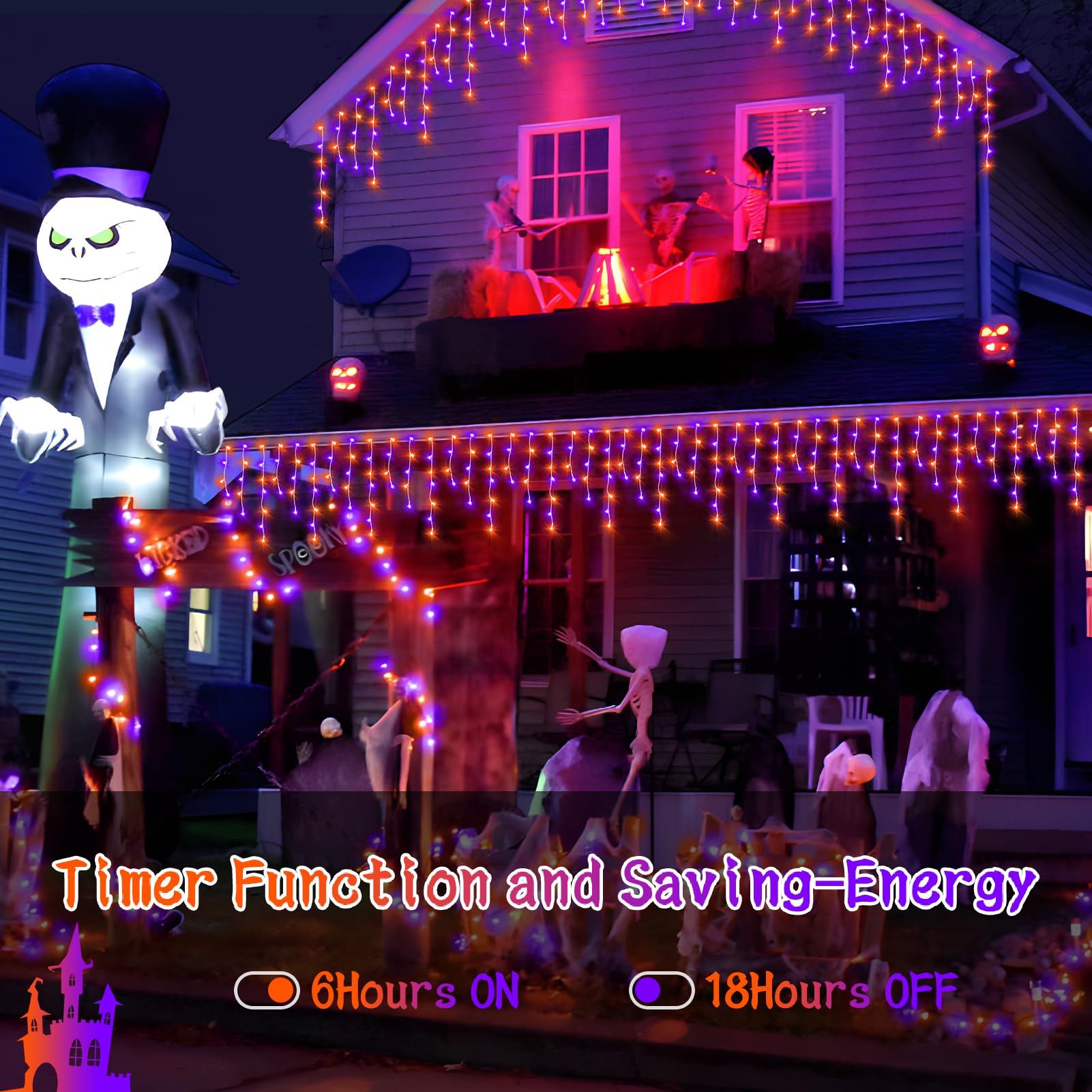 KNONEW 33FT 400 LED Orange Purple Halloween String Lights - 75 Drops, 8 Lighting Modes, Timer Memory, Connectable - Outdoor Hanging Curtain Lights for Halloween Party, Christmas, Garden, and Home Decor