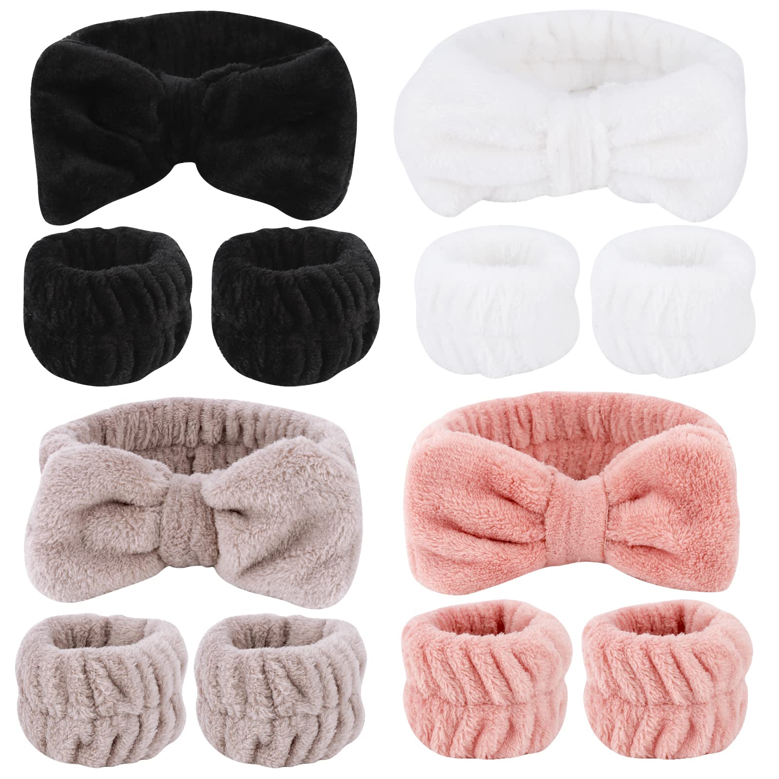 4 Pack Soft SPA Headbands & Wristbands for Women & Men - Cute Skincare Headband with Bow for Washing Face, Makeup, Spa, and Skincare Routine - Absorbent Towel Hair Band & Wrist Wash Bands Set (Perfect for Facial Cleansing, Beauty Treatments & Daily Skincare)