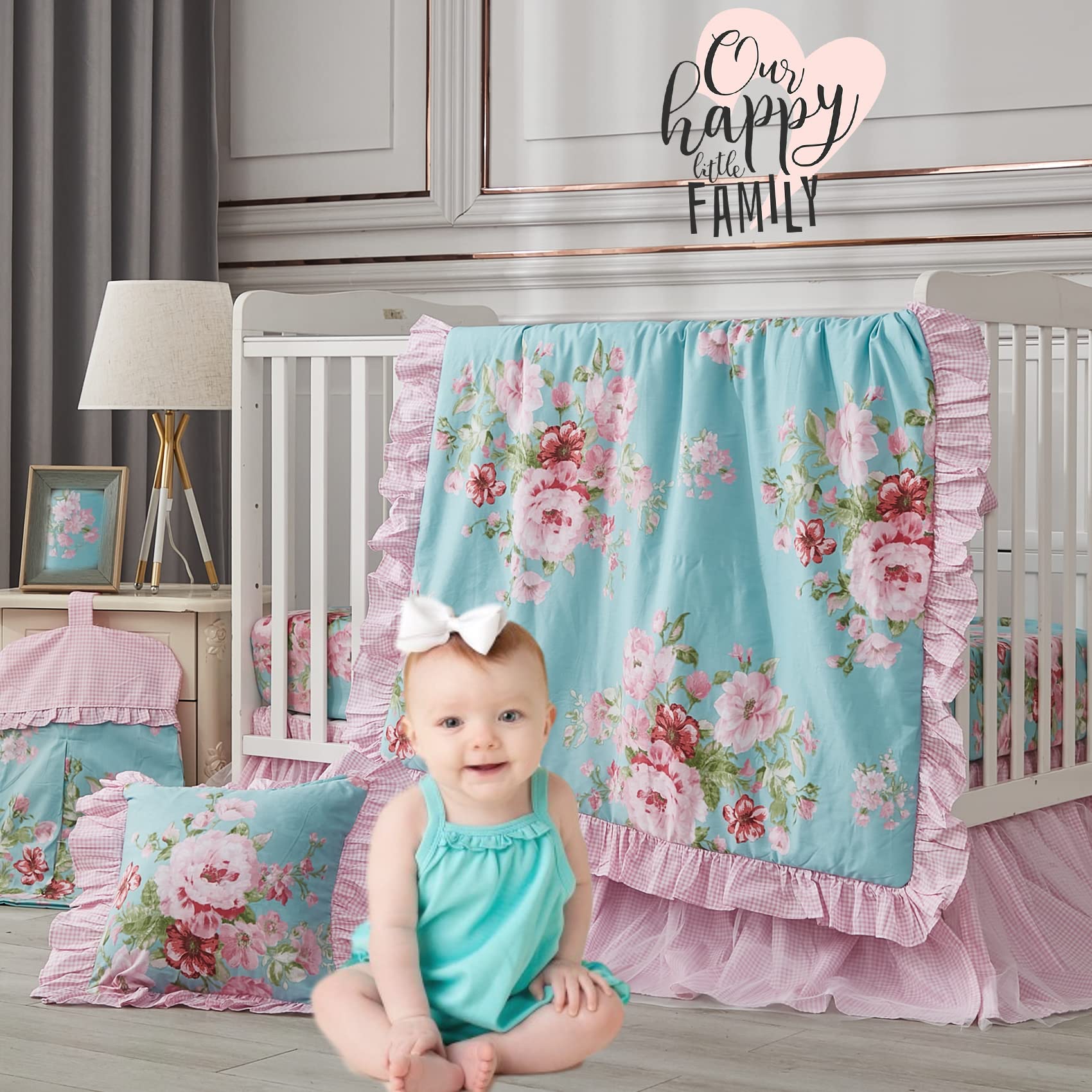 Brandream Baby Girls 6-Piece Crib Bedding Set - Soft Cotton Floral Nursery Set with Watercolor Rose, Pink Green Blue Ruffles - Perfect for Farmhouse, Shabby Chic & Vintage Country Princess Nursery Decor