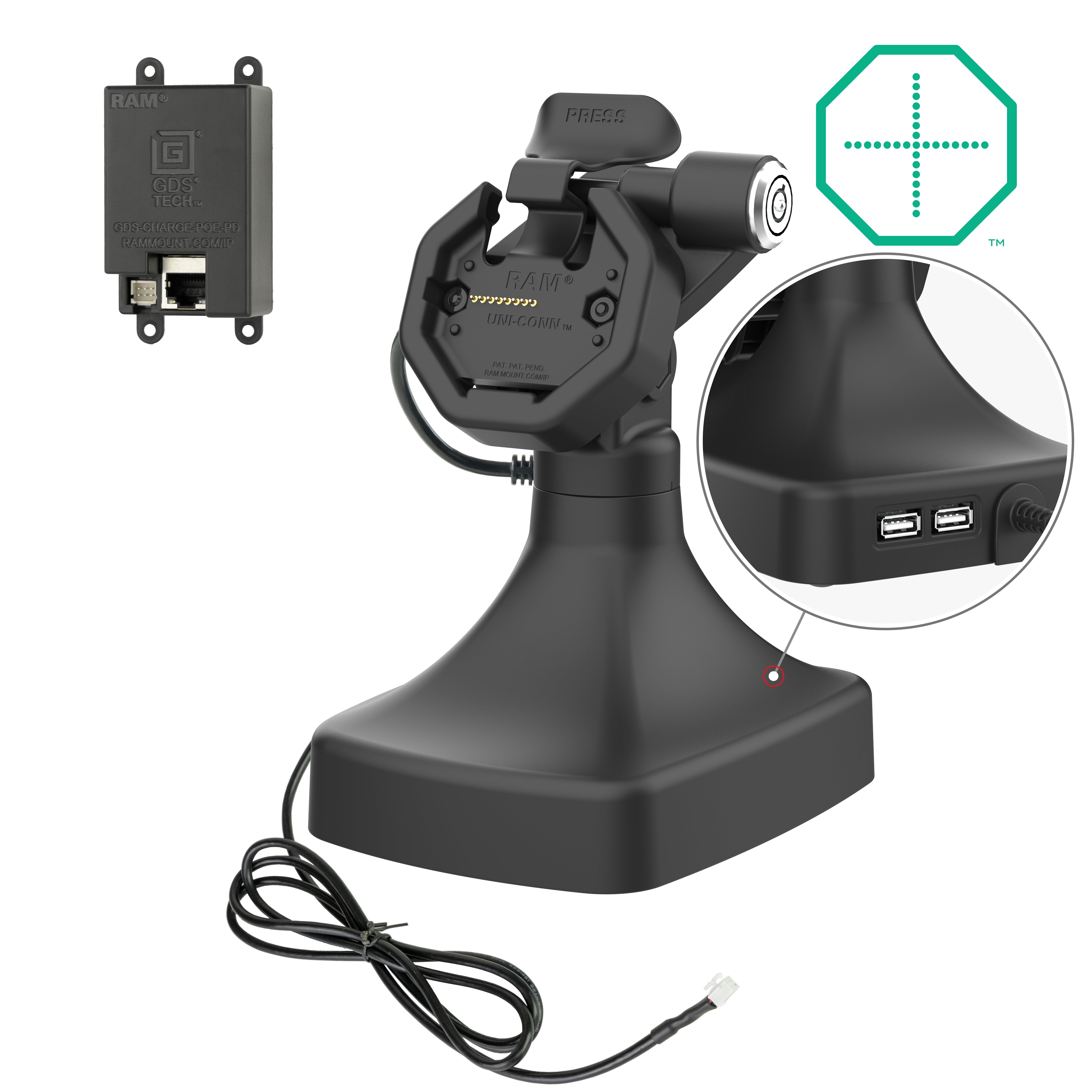 GDS® Uni Conn™ Powered Locking Tilt & Swivel Dock with PoE + Data (RAM GDS DOCKLR D14 U3E 2A) - Secure Computer Mount for Office & Industrial Workstations