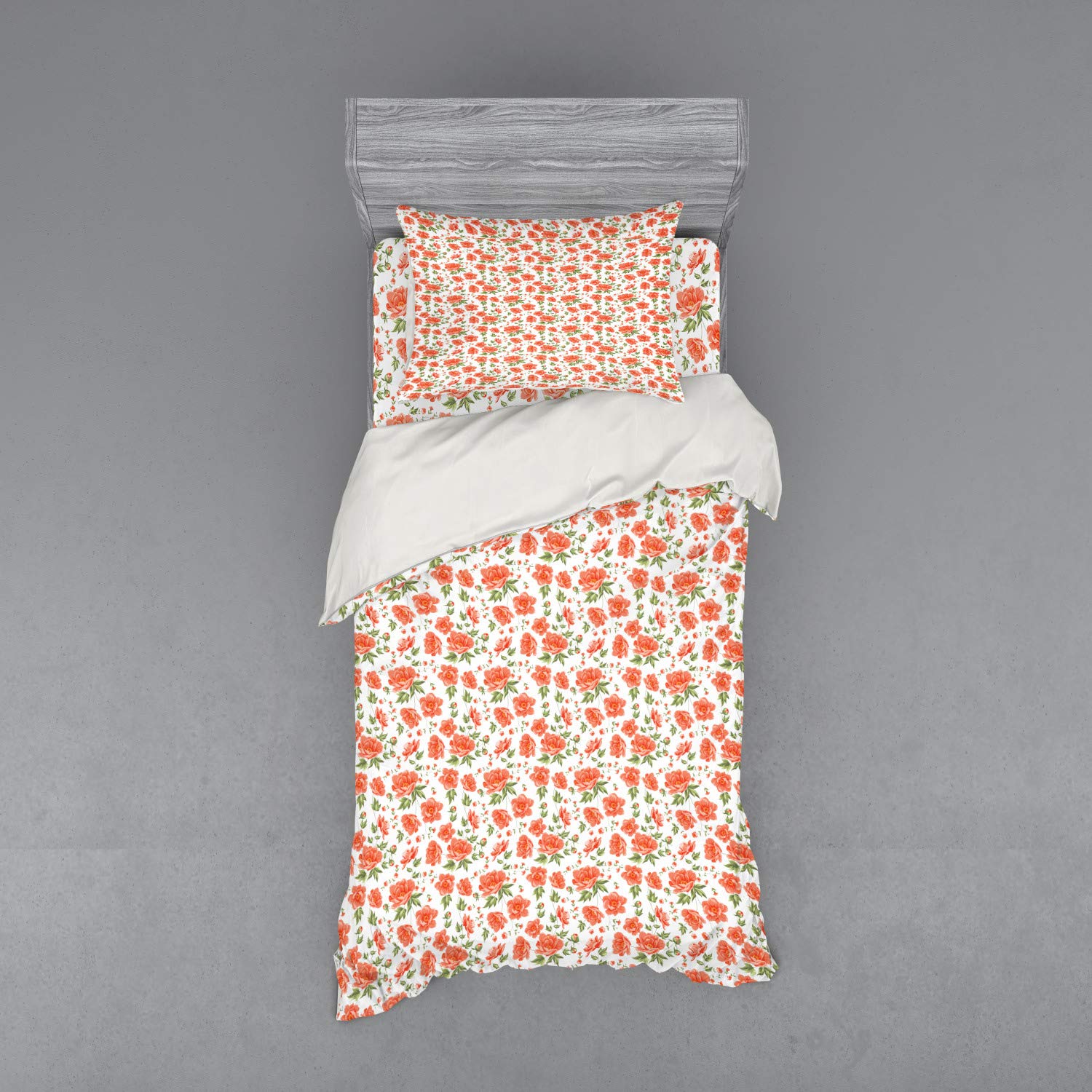 Ambesonne Floral Duvet Cover Set - Romantic Vintage Gardening Plants Bridal Theme with Buds & Blossoms | 3-Piece Twin XL Bedding Set Includes Sham & Fitted Sheet in Salmon Reseda Green White | Perfect for Master Bedroom, Guest Room & Boho Chic Decor