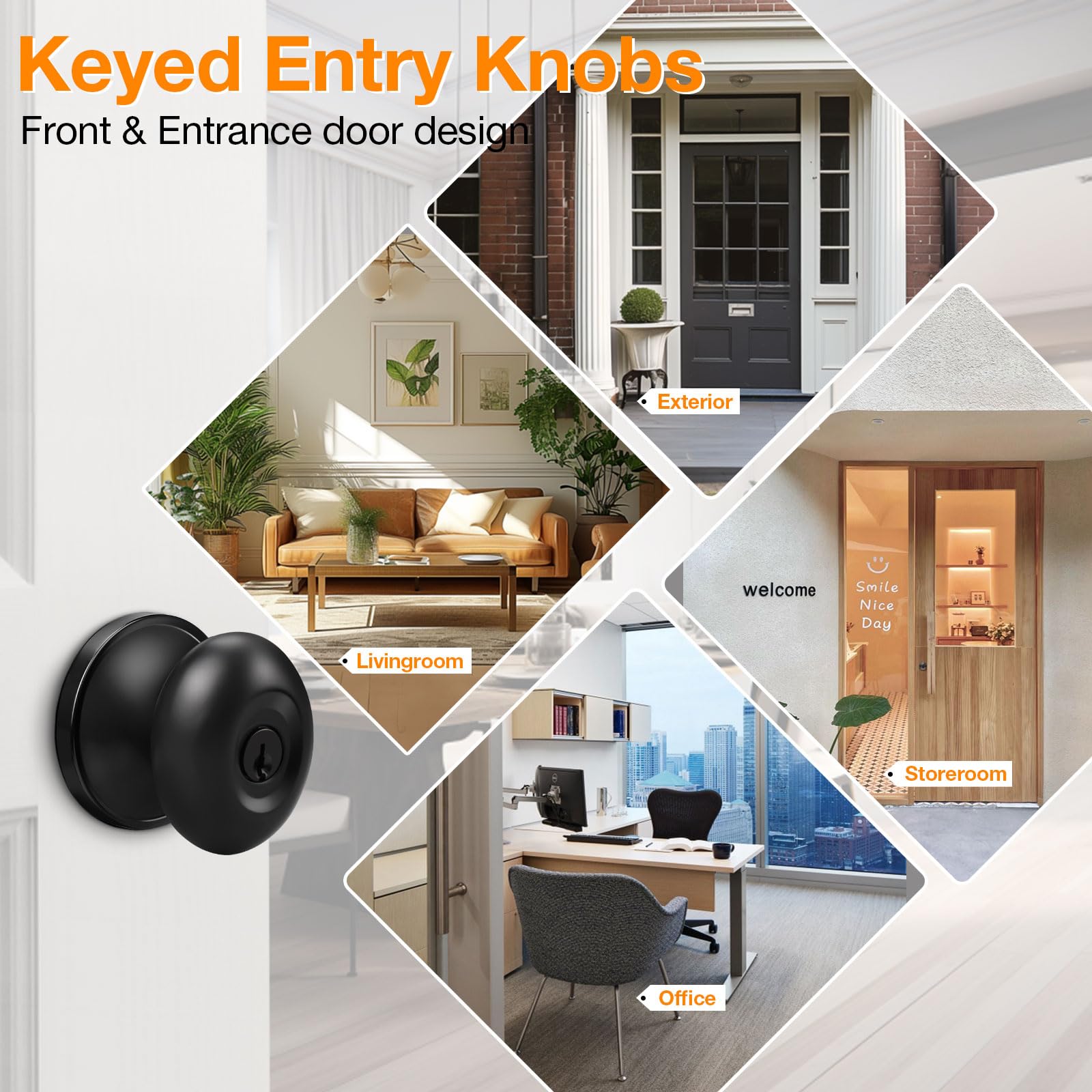 Gobrico Matte Black Keyed-Alike Door Knobs 6-Pack - Egg Oval Style Entry Door Locksets for Front Exterior Doors | Secure Home & Office Entryway Solution