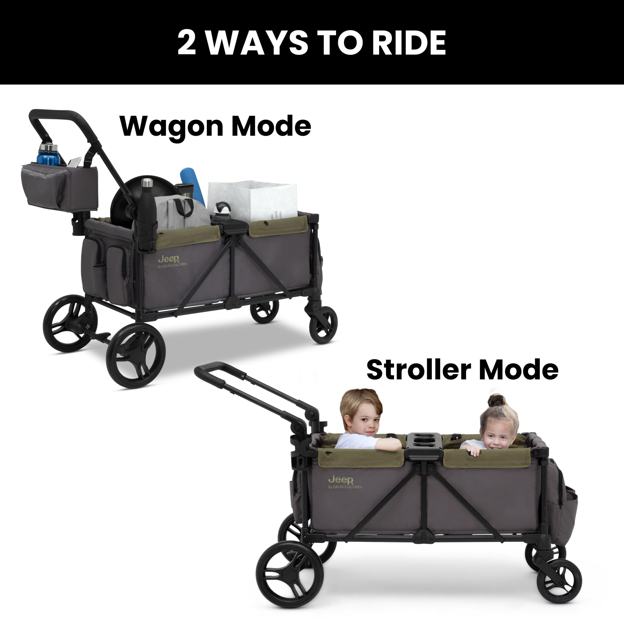 Delta Children Jeep Sport All-Terrain Stroller Wagon with Canopy, Parent Organizer & Adjustable Handlebar - Grey/Olive Green | Perfect for Outdoor Adventures, Beach Trips & Family Outings