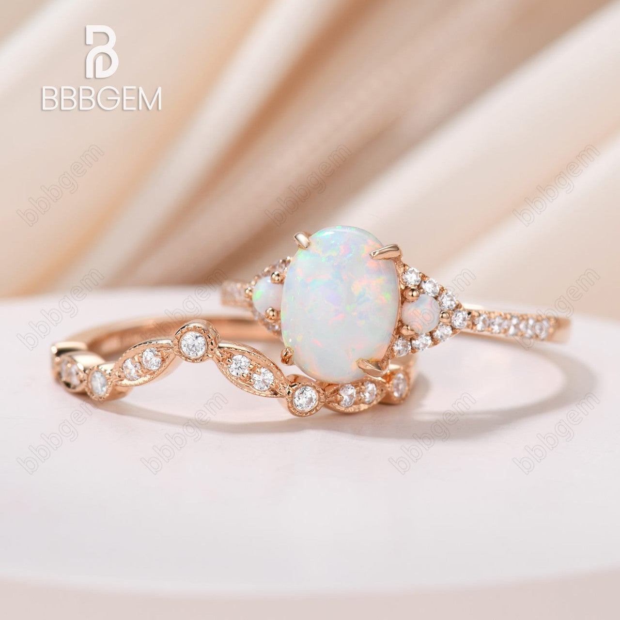 Three Stone Oval Opal Wedding Engagement Ring Set in Rose Gold with Diamond Matching Band - Perfect for Proposals, Anniversaries & Bridal Jewelry