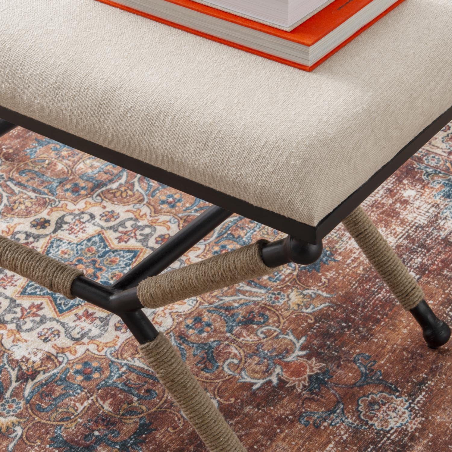 Linon Ashburn Campaign Bench Linen - Stylish Upholstered Entryway Seating for Home Decor & Small Space Living Rooms | Perfect for Hallways, Bedrooms & Cozy Corners