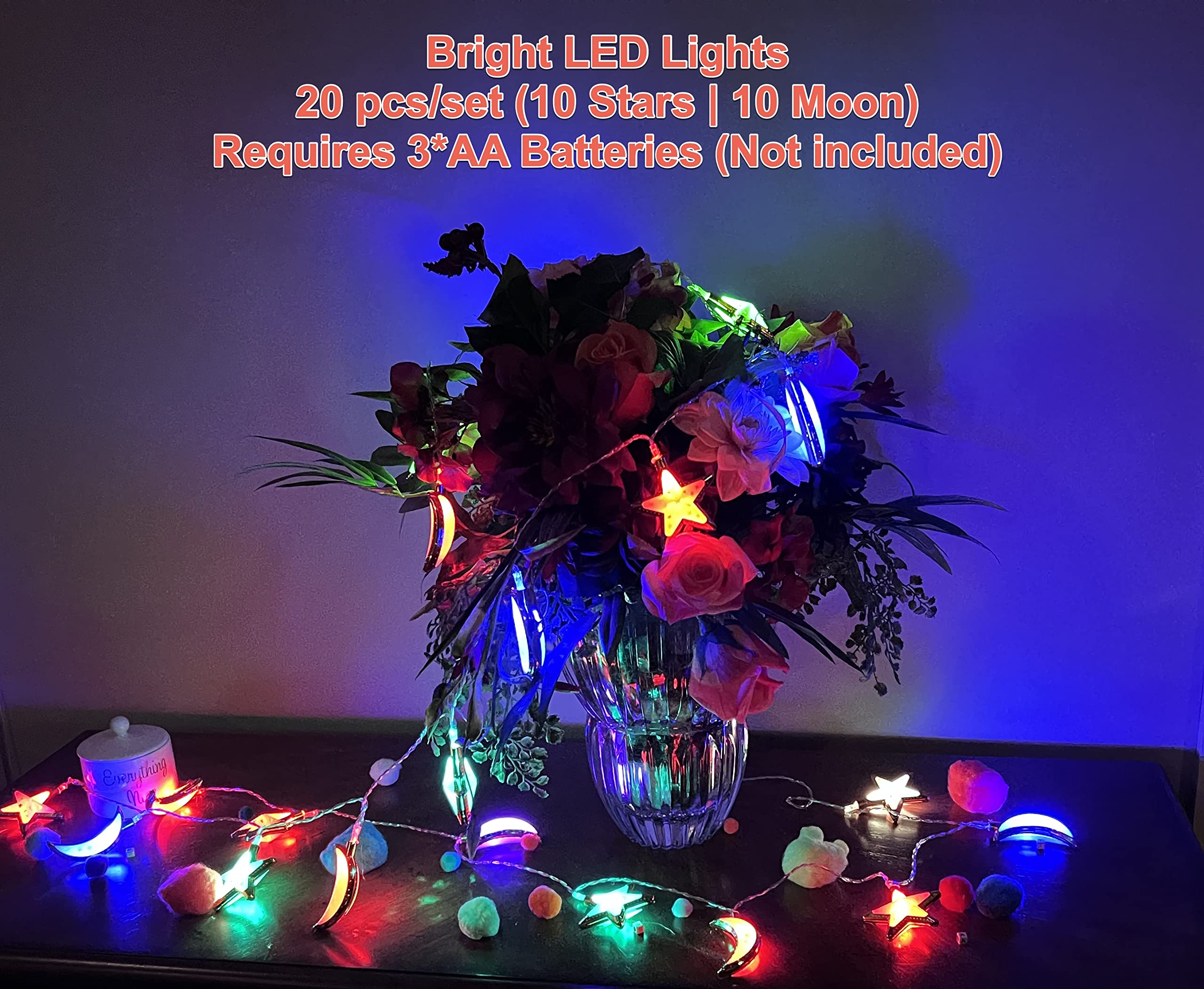 3D LED String Lights for Indoor & Outdoor Decor - 20pcs Moon & Star Silver Lights for Christmas, Parties, Weddings, Bedroom, Garden - Safe & Cool Festive Decoration