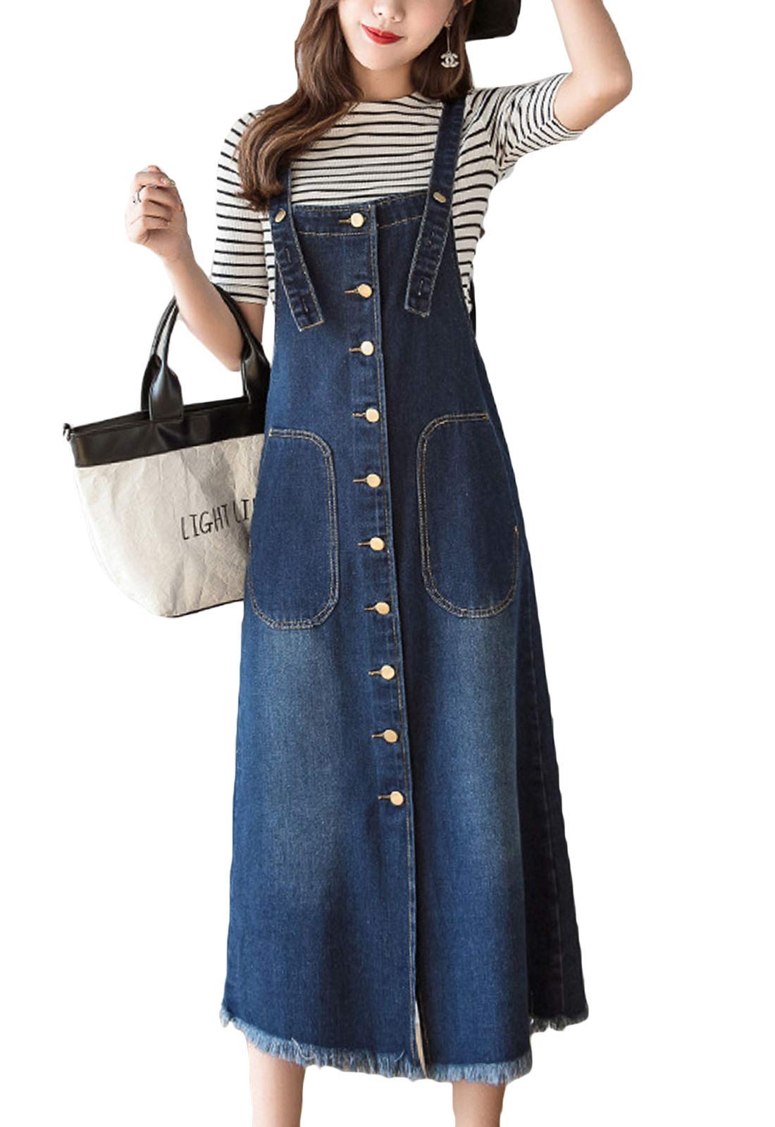Flygo Women's Button Front Midi Long Denim Jumpsuit Overalls Pinafore Dress - Casual Vintage Style Denim Skirt for Women | Perfect for Spring, Fall, Date Night & Streetwear Fashion