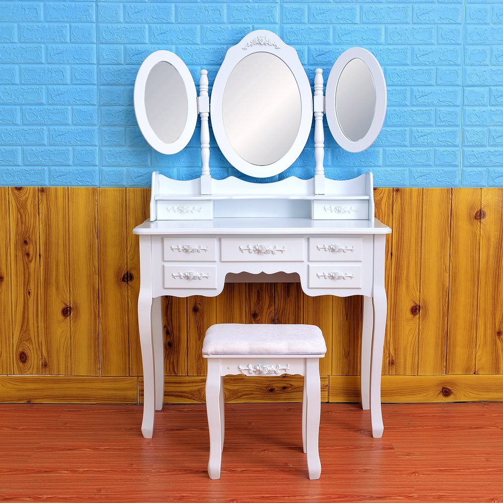 GREEF White Tri-Folding Oval Mirror with Stool & 7 Drawers - Wooden Bathroom Vanity Makeup Table Set for Bedroom, Dressing Room & Home Decor