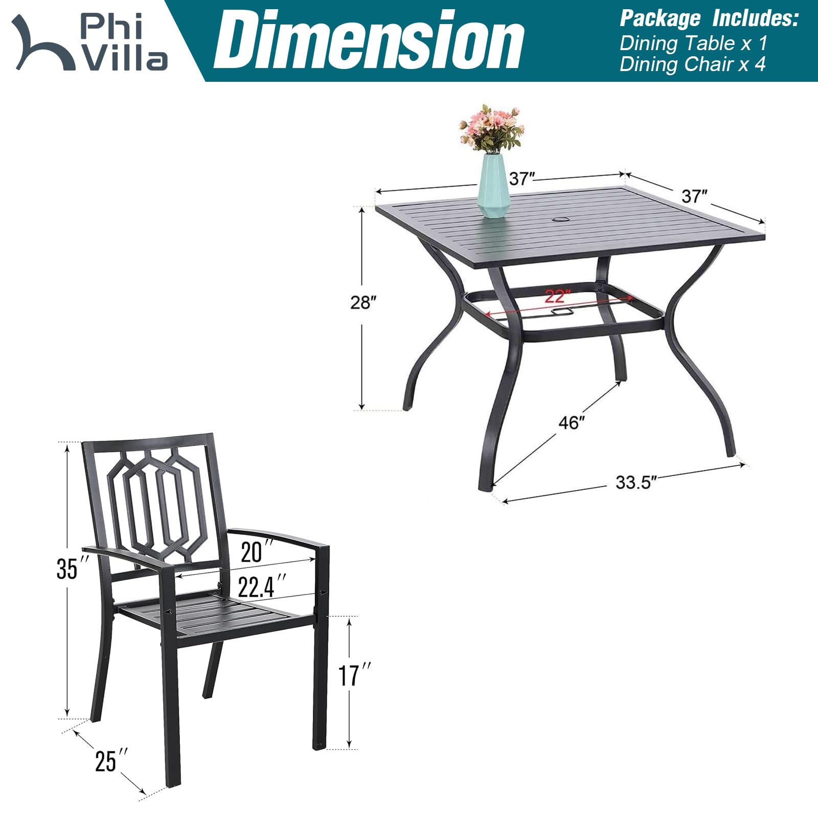 PHI VILLA 5-Piece Black Metal Outdoor Dining Set - 37