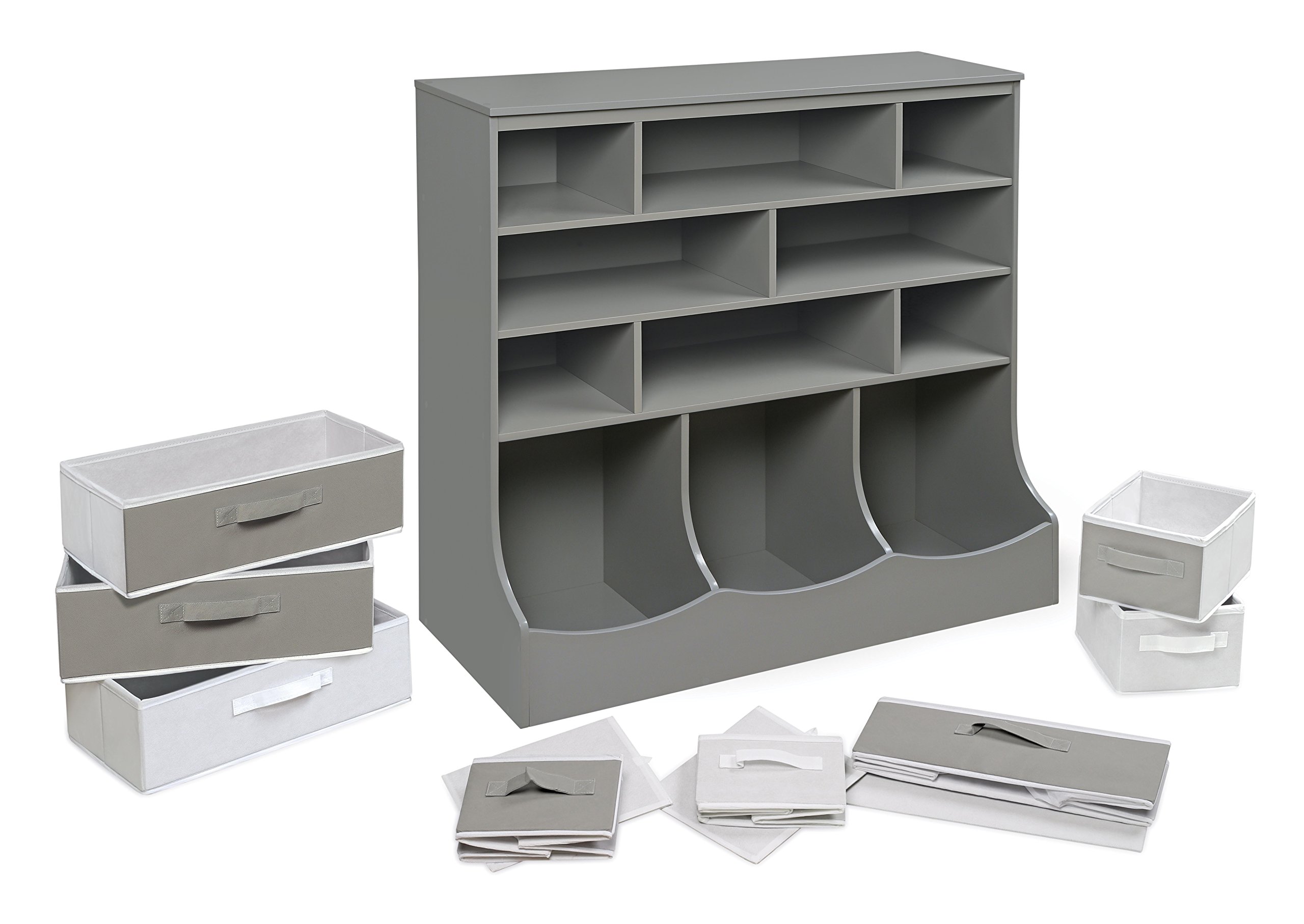 Badger Basket 8-Cubby Kids Toy Storage Organizer with Reversible Fabric Bins - Gray Toy Box for Playroom, Nursery & Bedroom Organization