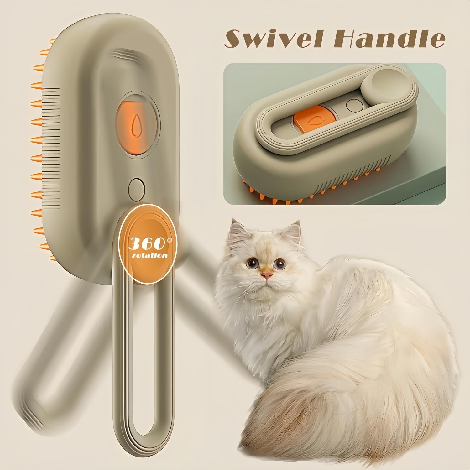 4-in-1 Rechargeable Pet Grooming Kit - Rotating Handle Cat & Dog Brush with Steam for Heavy Shedding, 360° Massage & Deep Cleaning | Hair Removal System for Long/Short Haired Pets | Perfect for Home Grooming & Professional Use (Khaki)