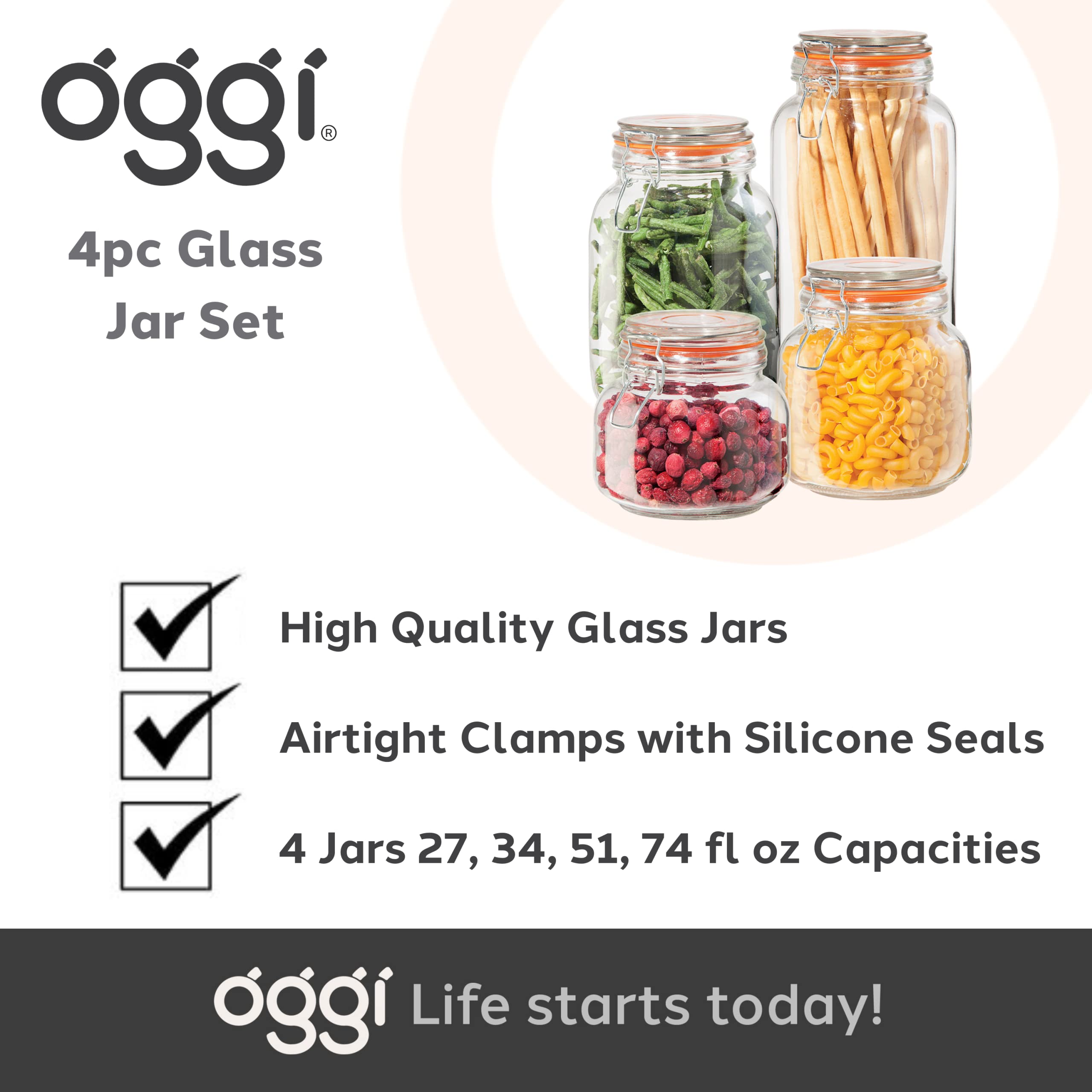 OGGI 4-Piece Airtight Glass Food Storage Containers Set with Clamp Lids & Silicone Seals - Farmhouse Style Kitchen Canisters for Pantry Organization, Flour, Sugar, Coffee, Tea Storage - Perfect for Home Baking & Meal Prep