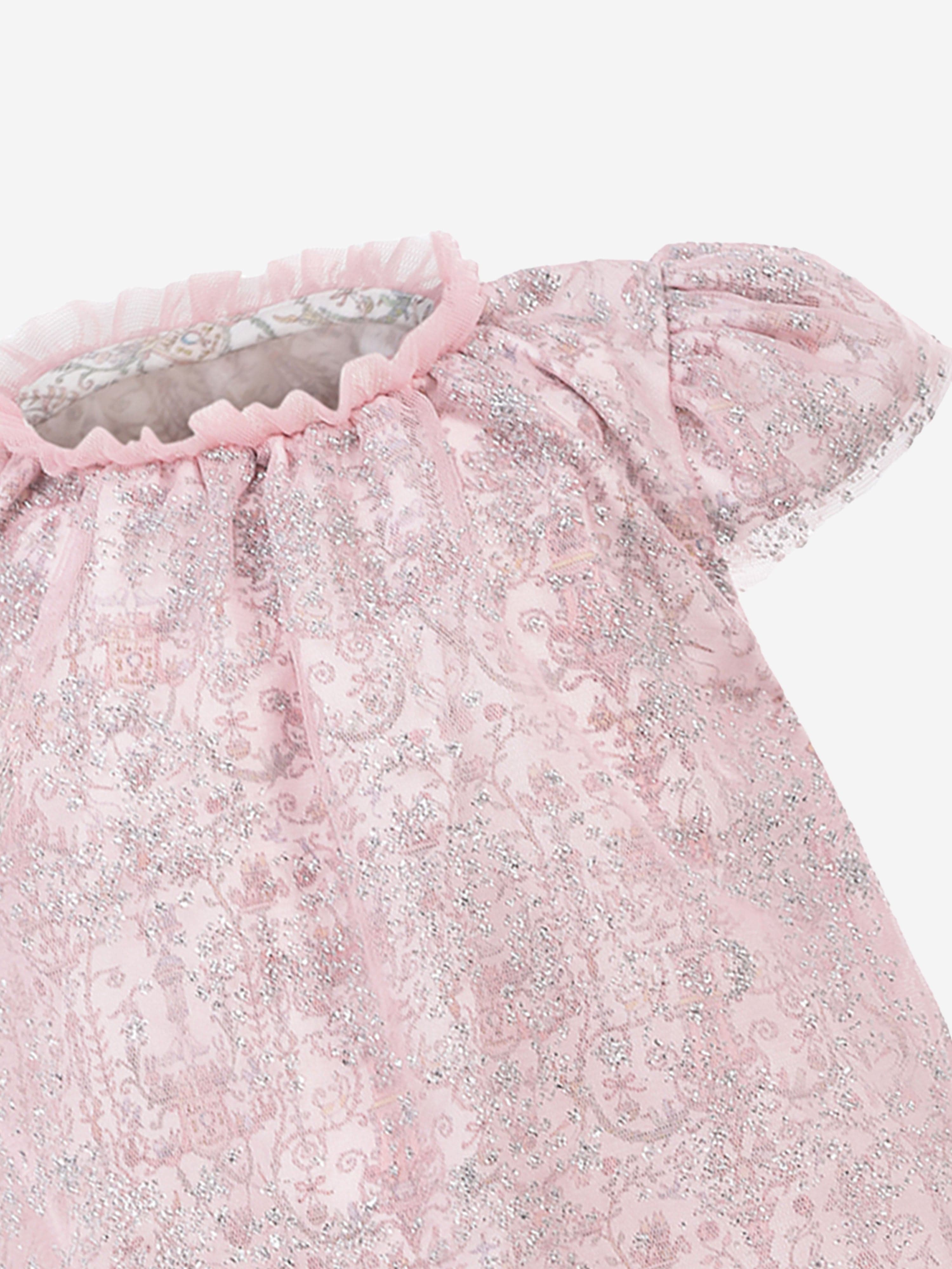 Atelier Choux Baby Girls Glittery Toile de Jouy Dress - Pink Floral Print Cotton Dress for Special Occasions & Photoshoots