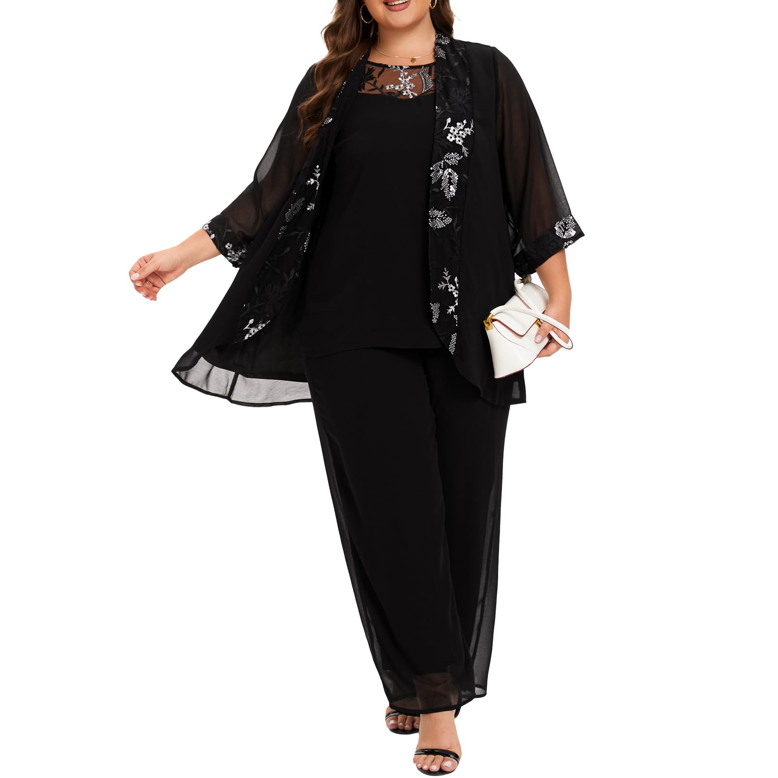 Plus Size Women's 3-Piece Chiffon Wedding Pant Suits - Elegant Mother of The Bride/Groom Outfit for Evening Parties & Formal Occasions