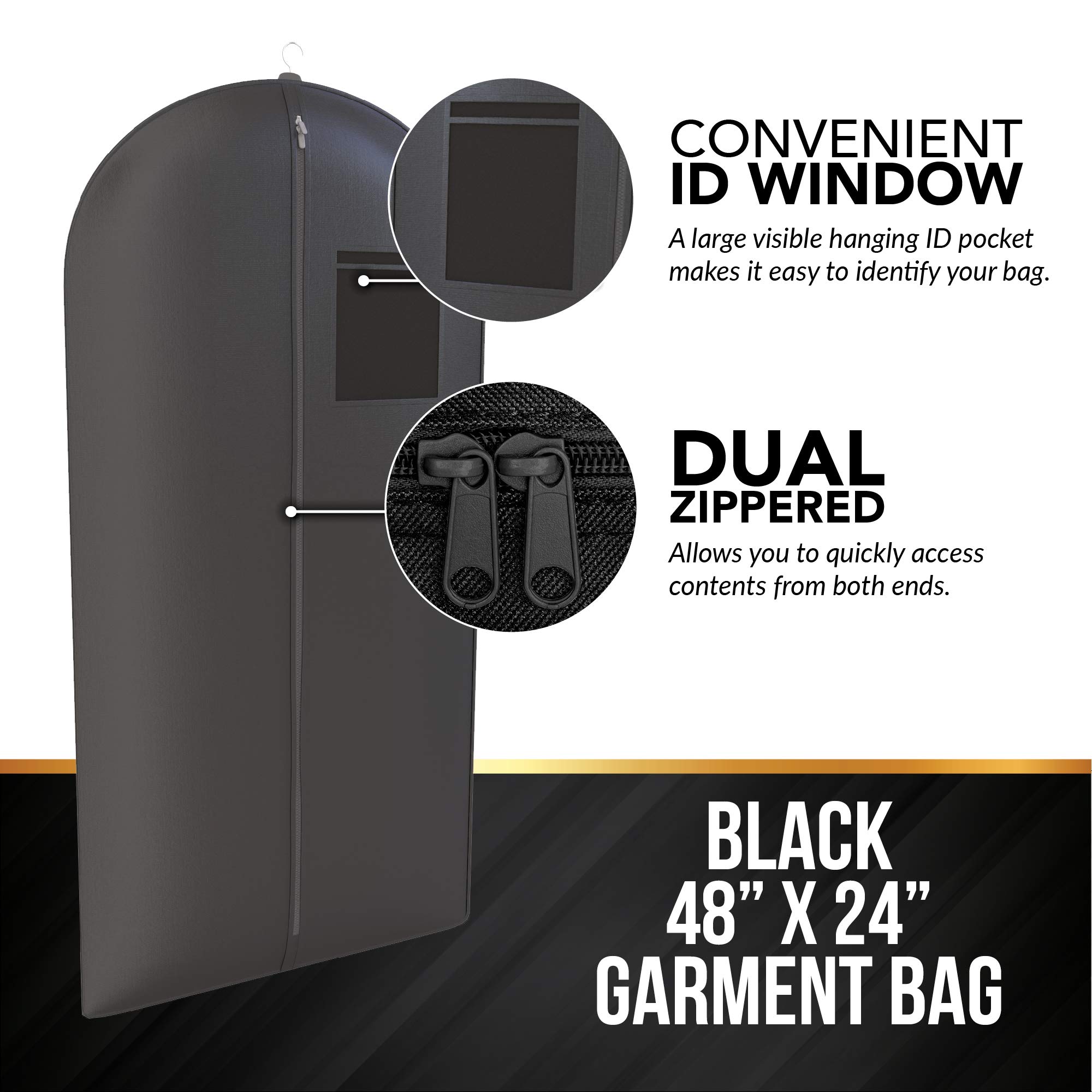Premium Black Suit Garment Travel Bags with ID Tag Window - Heavy Duty & Lightweight 48