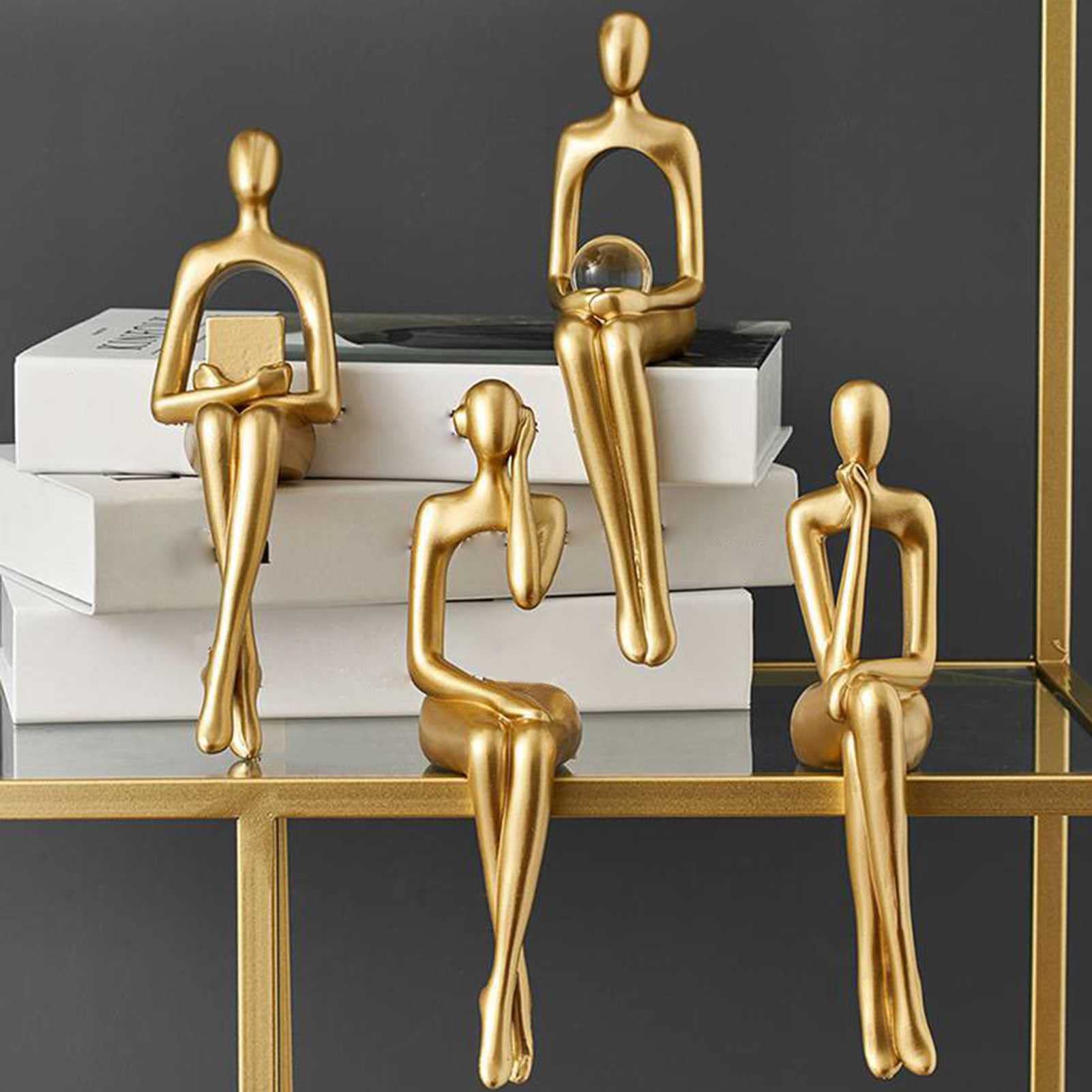 Golden Abstract Art Sculpture - Modern Resin Sitting Statues for Home & Office Decor - 4PC Set | Perfect for Bookshelf, Desktop & Living Room Display