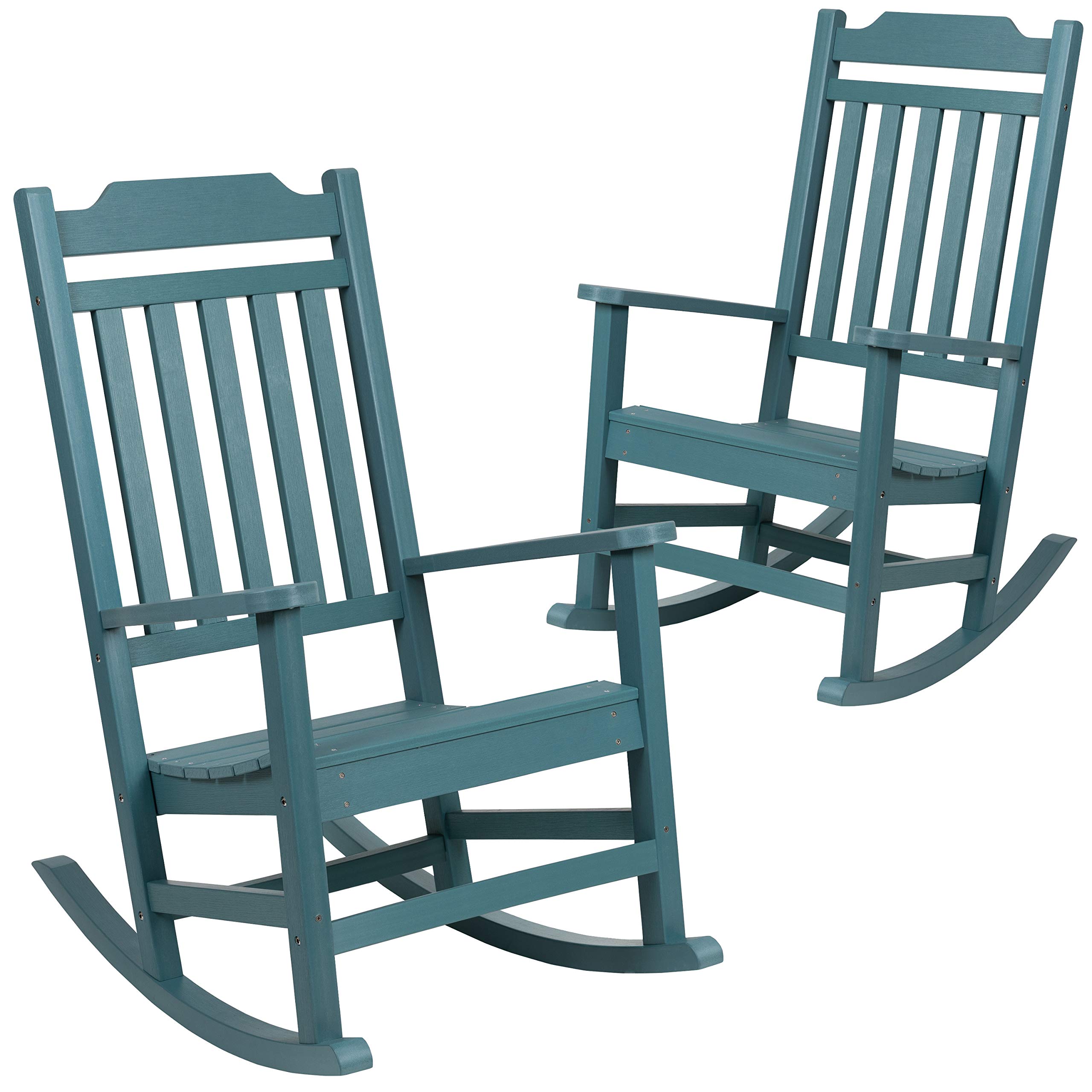Merrick Lane Hillford All-Weather Teal Rocking Chair - Durable Poly Resin Indoor/Outdoor Patio Rocker - Perfect for Porch, Deck, Garden & Sunroom Relaxation - Set of 2