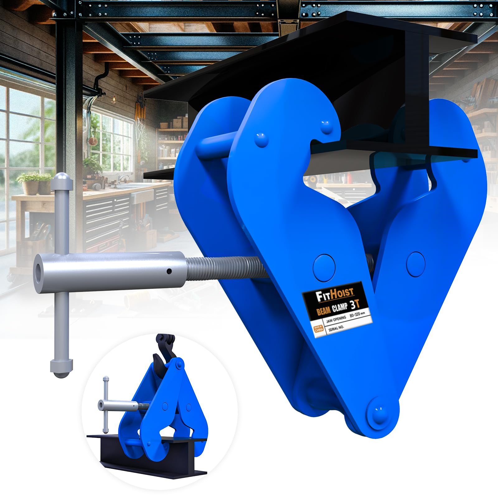 Heavy Duty Beam Clamp 6600lbs Capacity - 3 Ton Adjustable I Beam Clamp for Lifting (3.1''-12.6'' Flange Range) | Rigging Equipment, Construction & DIY Projects | Perfect for Warehouse, Workshop & Home Improvement