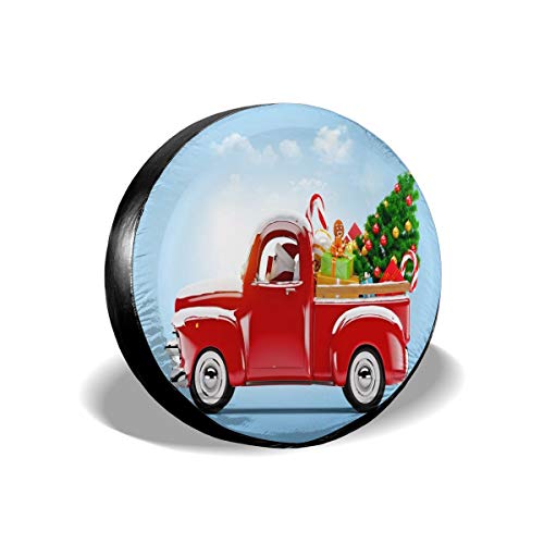 Christmas Santa Claus Truck Tire Cover - Retro Red Design with Xmas Tree & Gift Boxes - Fits 14