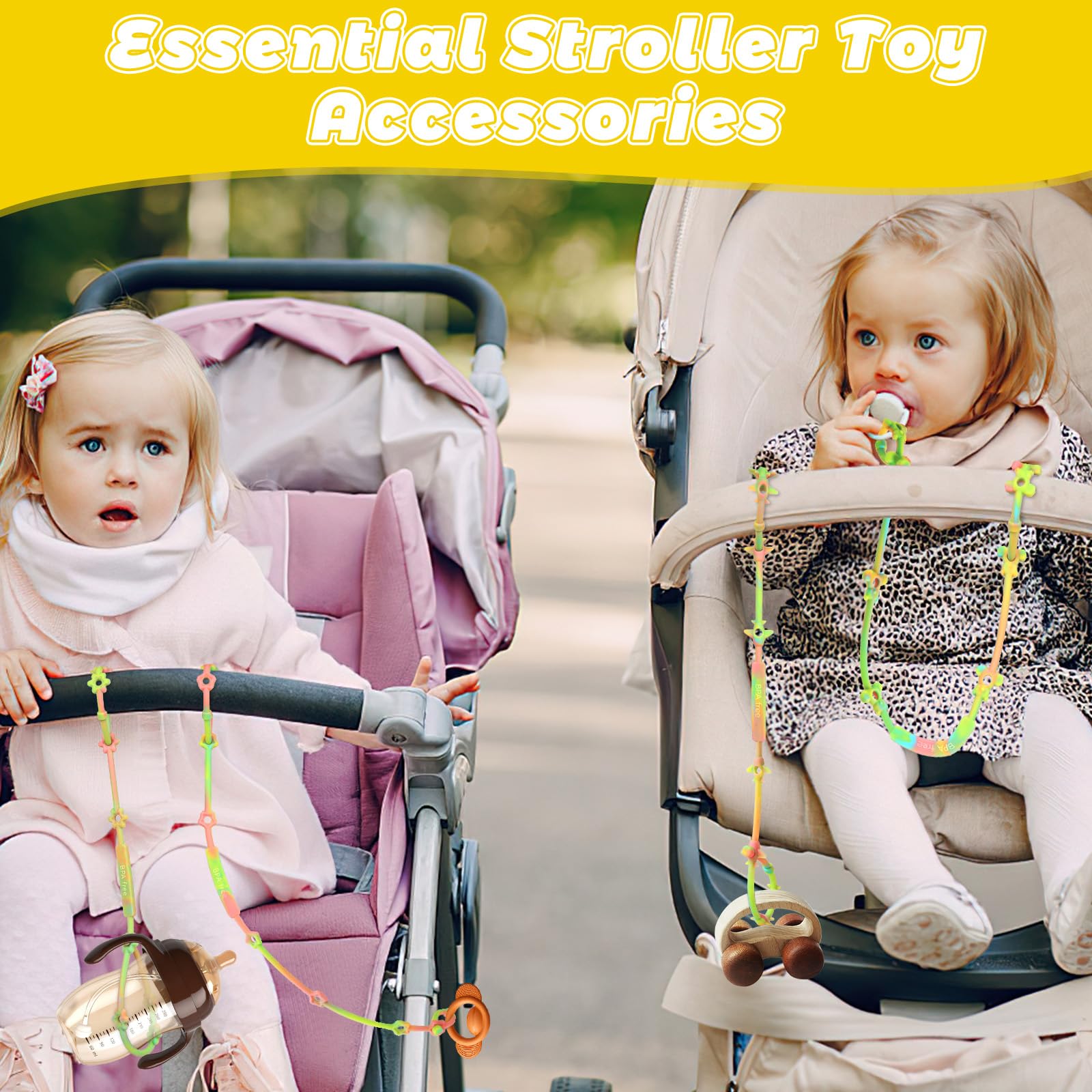Baby Safety Straps - 4 Pack Silicone Pacifier Clips & Toy Tethers for Stroller, Car Seat, High Chair | BPA-Free Teething Straps with Busy Links | Travel Essentials for Infants & Toddlers (Use for Pacifiers, Bottles, Toys in Car, Stroller, Crib or High Chair)