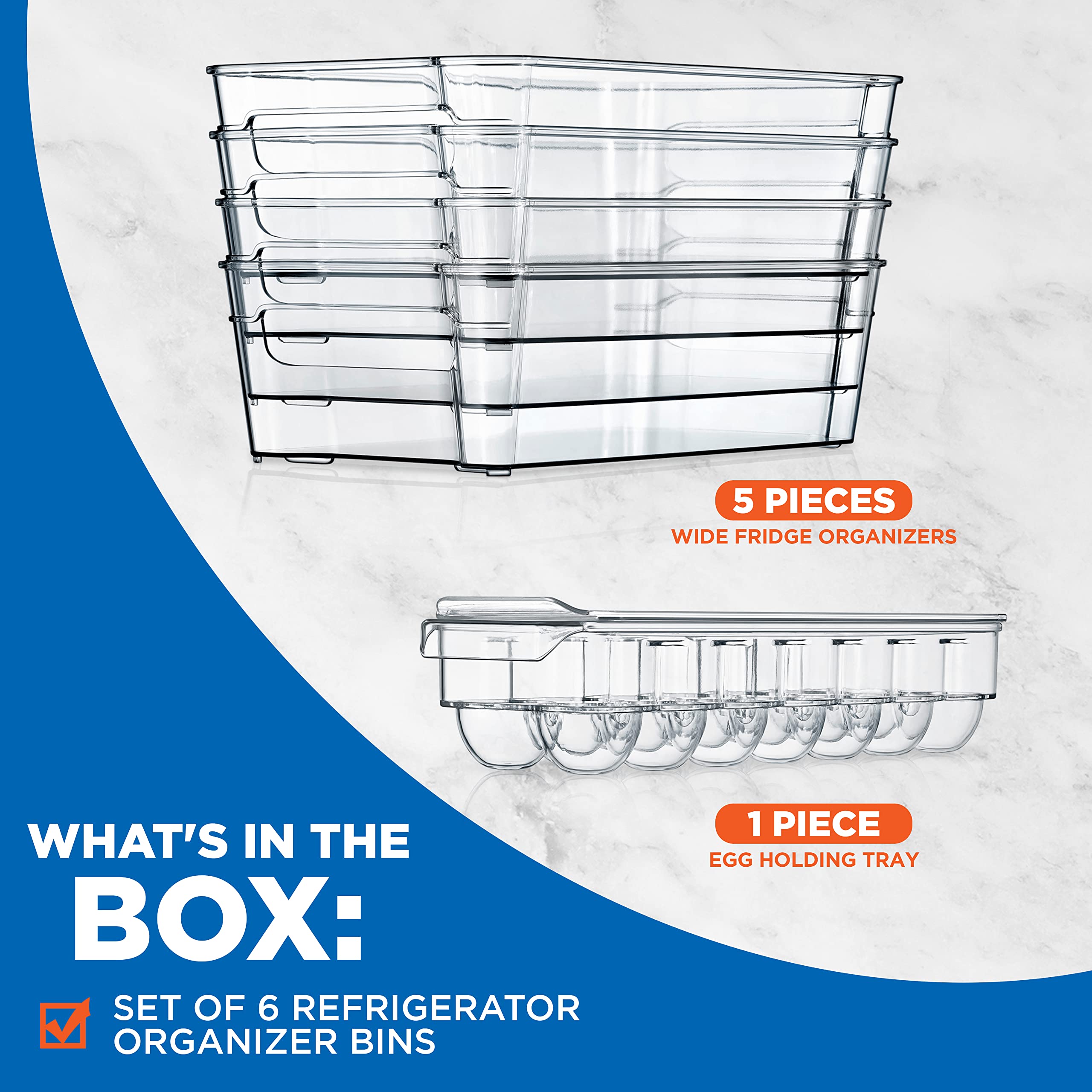 NutriChef 6-Piece Clear Refrigerator Organizer Set - BPA Free Fridge Bins & Egg Holder for Kitchen, Freezer, Pantry & Countertop Storage | Perfect for Organizing Fruits, Vegetables, Dairy & Leftovers