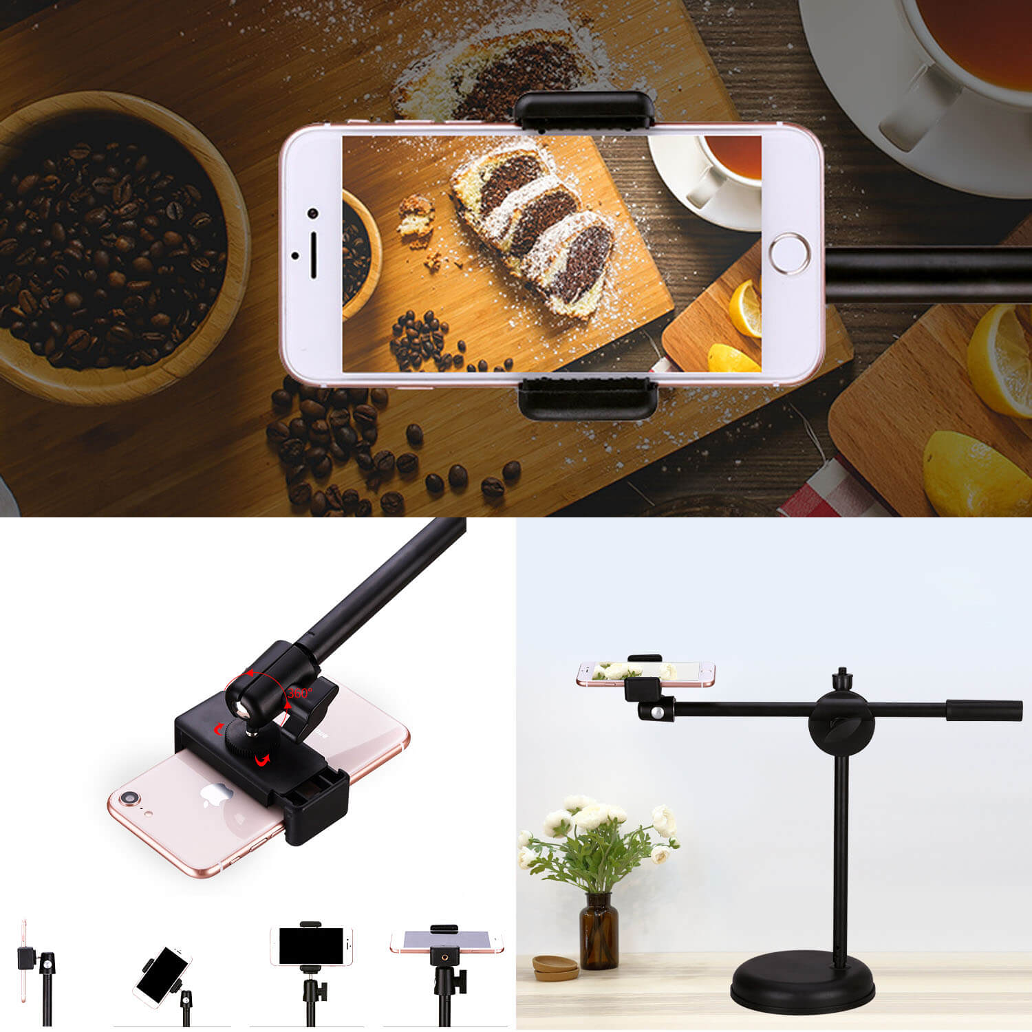 360° Adjustable Smartphone Table Top Boom Stand - Perfect for Flat Lay Photography, Live Streaming & Video Recording - Ideal for Content Creators, Vloggers & Social Media Influencers