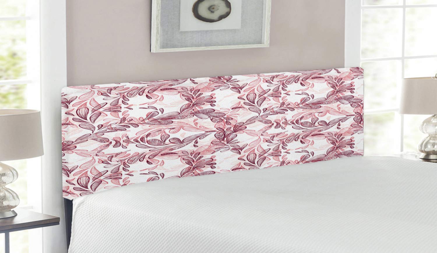 Ambesonne Floral Upholstered Headboard - Queen Size Romantic Nature Scroll Design with Hand-Drawn Leaves & Petals, Decorative Metal Bed Headboard with Memory Foam in Maroon Coral & White - Perfect for Master Bedroom, Guest Room & Boho Chic Decor