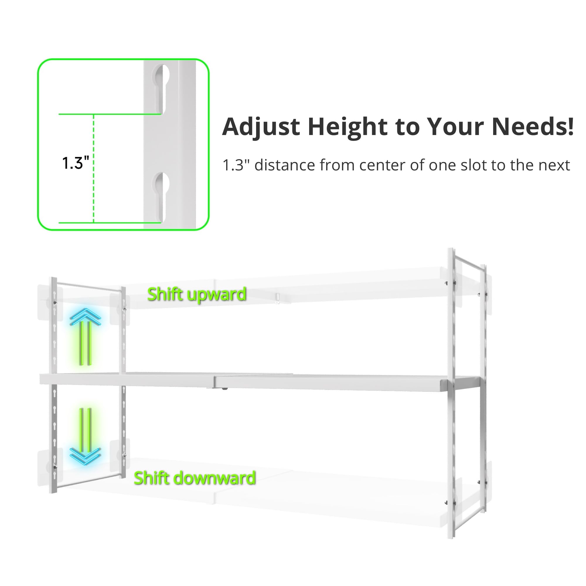 Expandable Closet Pantry Shelves - Adjustable Kitchen Cabinet Organizer (2 Pack) - No Screws or Adhesives Needed - Height Customizable for Spice Rack, Bathroom Storage & Pantry Organization - Smooth Surface for Easy Cleaning