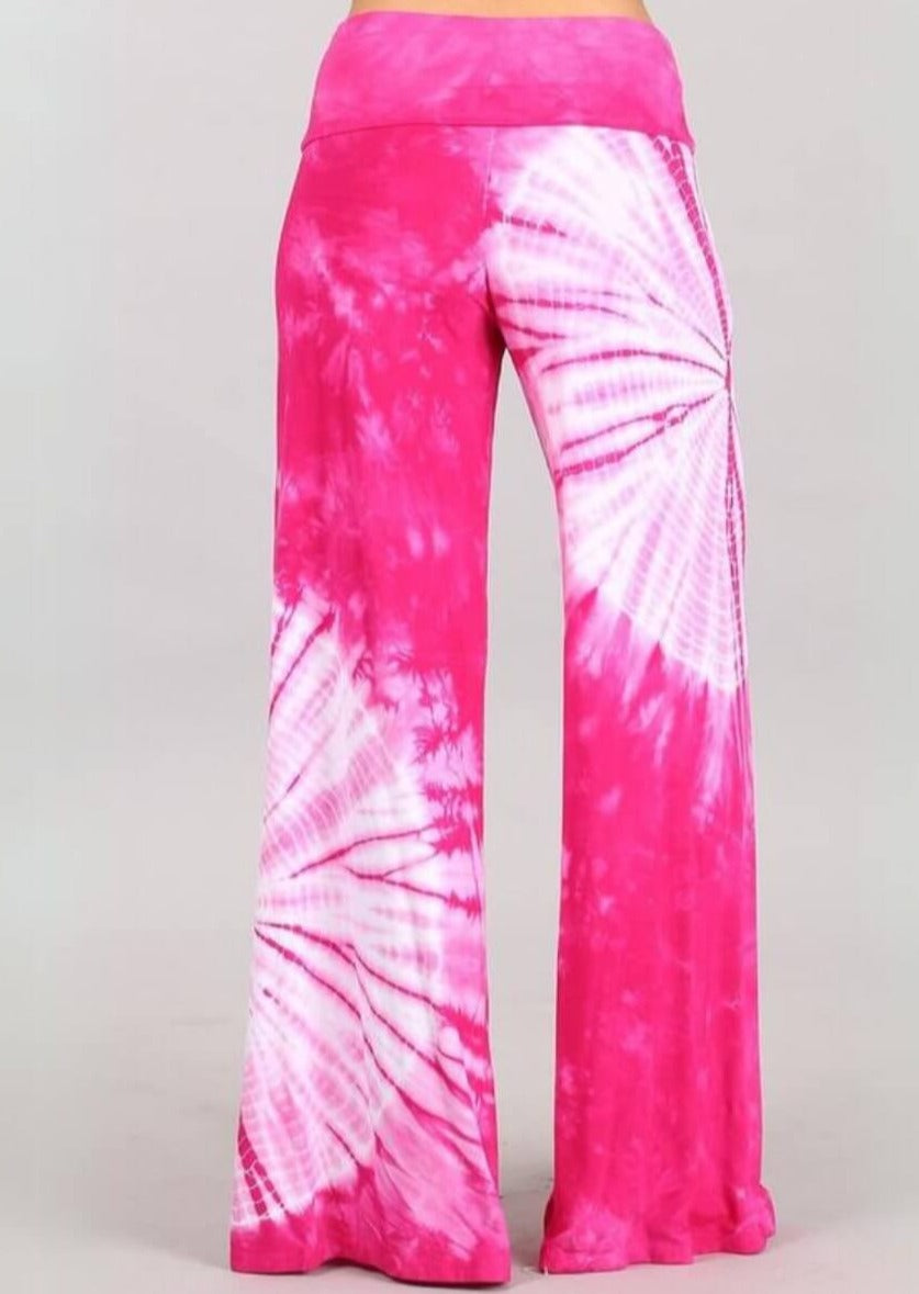 Stylish Fuchsia Tie-Dye Palazzo Pants for Women - Comfortable & Trendy USA-Made Wide Leg Lounge Pants - Perfect for Yoga, Beach, and Casual Wear