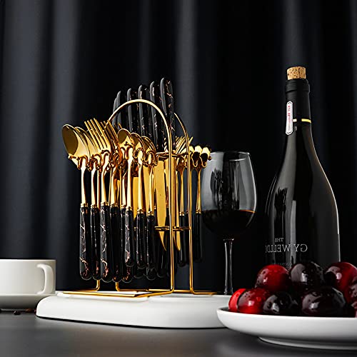 24-Piece Stainless Steel Gold Silverware Set - Luxury Cutlery with Knife, Fork & Spoon - Dishwasher Safe Dinnerware Set with Storage Rack - Elegant Light Green Tableware for Wedding, Party & Fine Dining (BY ZZYY)