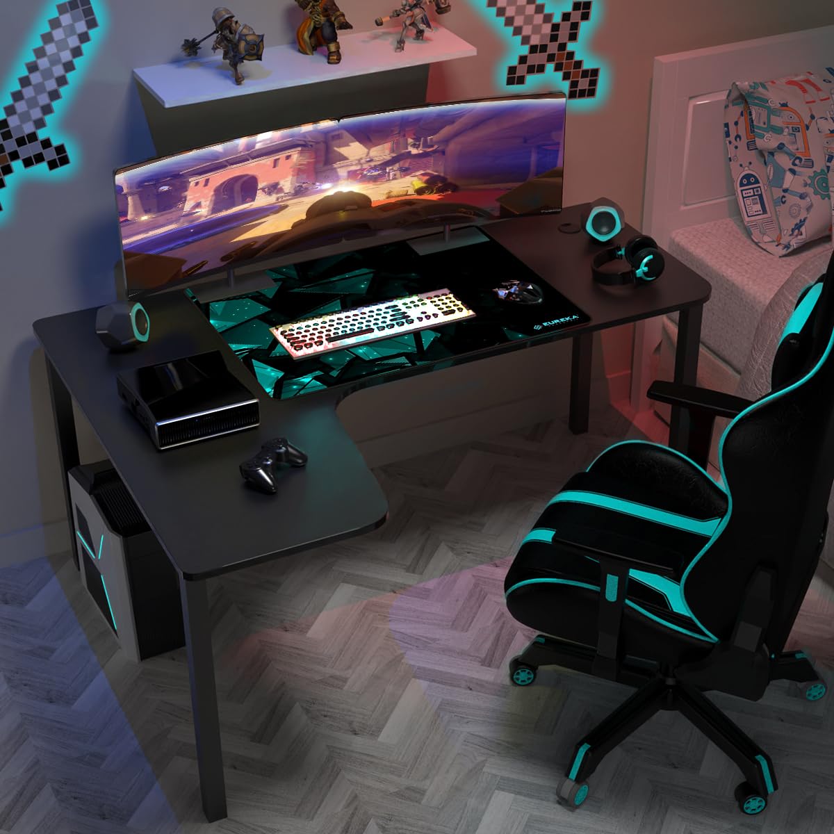 60 Inch L-Shaped Gaming Desk - Corner Computer Desk for Home Office & Study, Large Gaming Table with Mouse Pad, Space-Saving Design, Easy Assembly (Black, Left Side) - Perfect for Gamers, Remote Work & Small Spaces
