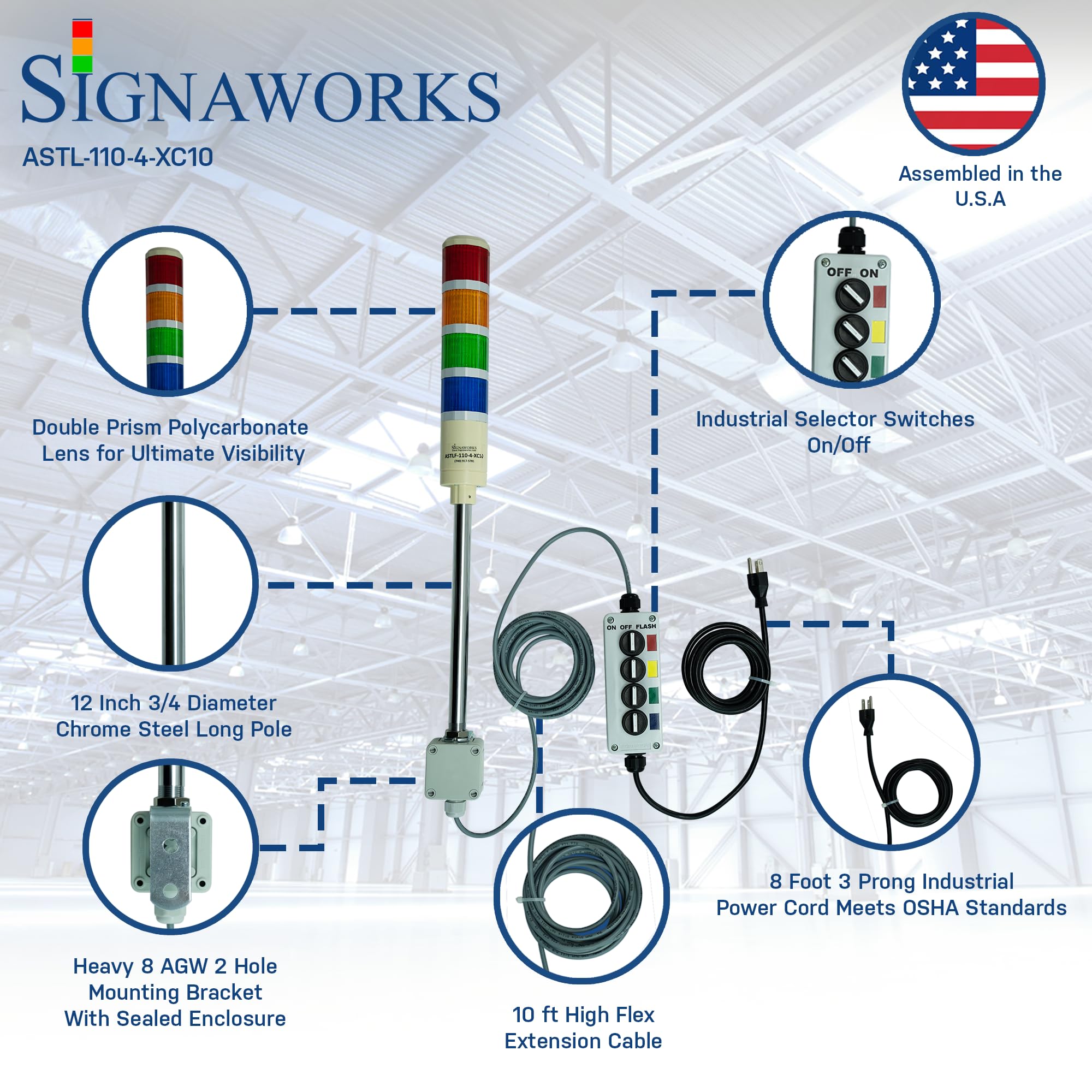 Signaworks 4 Stack Super Bright LED Andon Tower Light - Red/Amber/Green/Blue with 10ft Extended Cable & 4 Switch Box | Plug & Play Ready | 8ft Industrial Power Cord | Made in USA | Perfect for Factory Automation, Warehouse Alert Systems & Industrial Safety Signaling