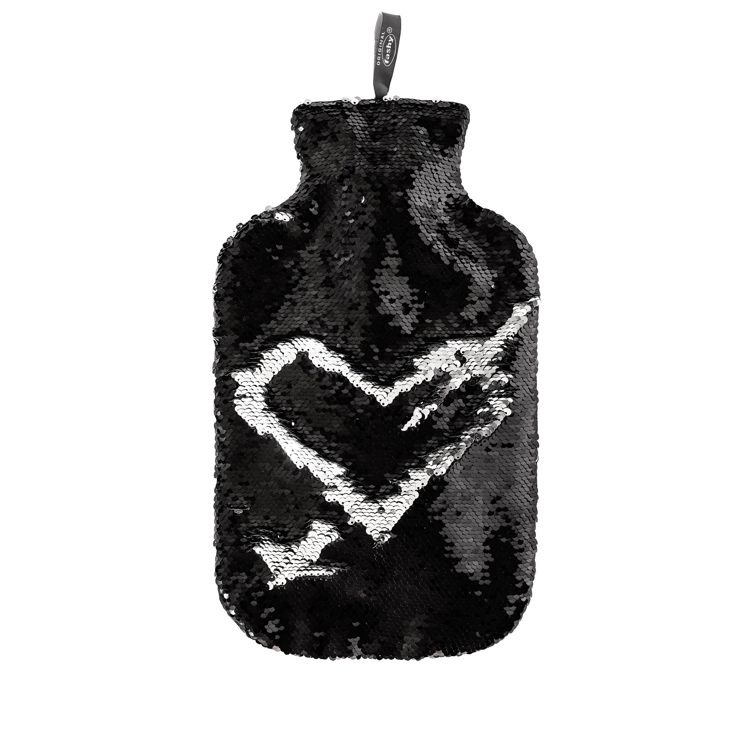 2L Fashy Hot Water Bottle with Black Sequin Cover - Warm & Cozy for Winter Nights, Period Pain Relief, Bed Warming - BPA Free Rubber Hot Water Bag for Adults & Kids