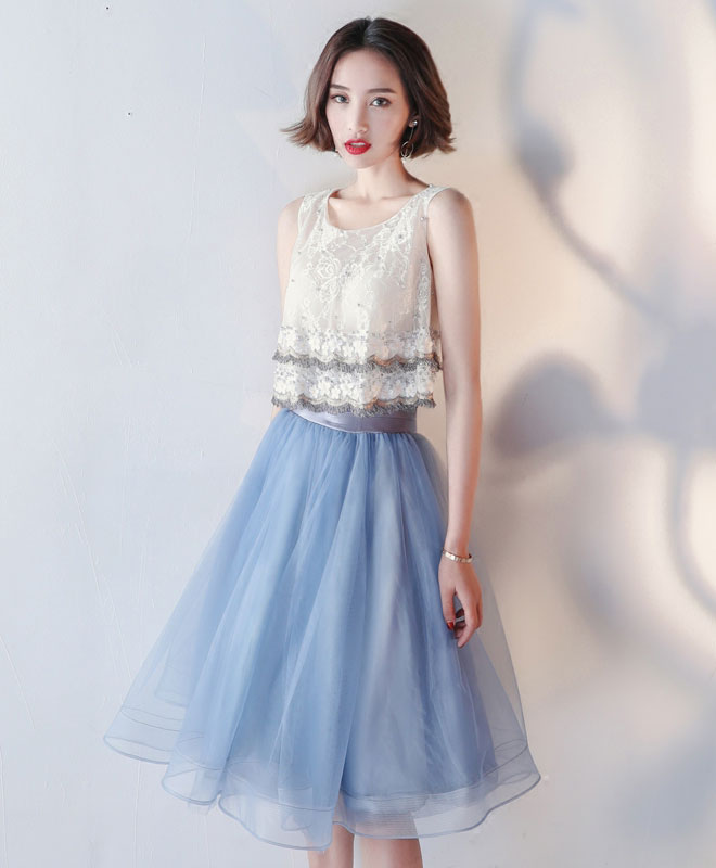 Elegant Blue Lace Tulle Knee-Length Prom Dress | Homecoming Ball Gown | Perfect for Formal Dances, Weddings & Special Occasions