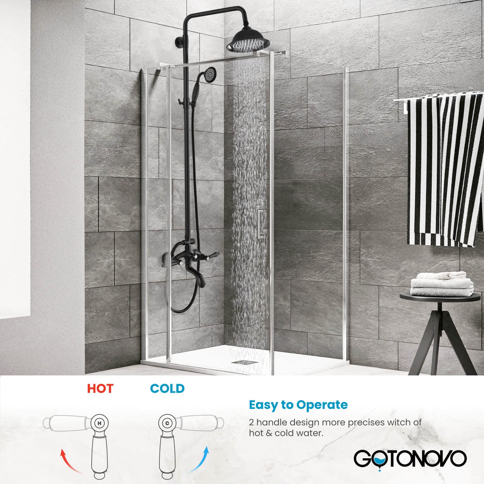 Gotonovo Matte Black 8 Inch Exposed Bathroom Shower System - Round Rainfall Shower Head with Adjustable Handheld Spray, Wall Mounted Double Lever Handles, Tub Spout - Triple Function Shower Fixture Set for Modern Bathroom Renovation (Ideal for Spa-Like Experience & Water Saving)