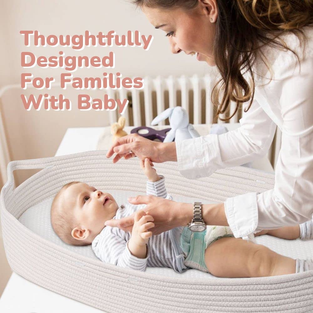 Luxury Baby Changing Moses Basket with Memory Foam Mattress & Waterproof Pad Cover - Portable Boho Nursery Decor, 100% Cotton Rope Baby Lounger - Perfect for Newborn Care, Nursery Organization & Travel Essentials