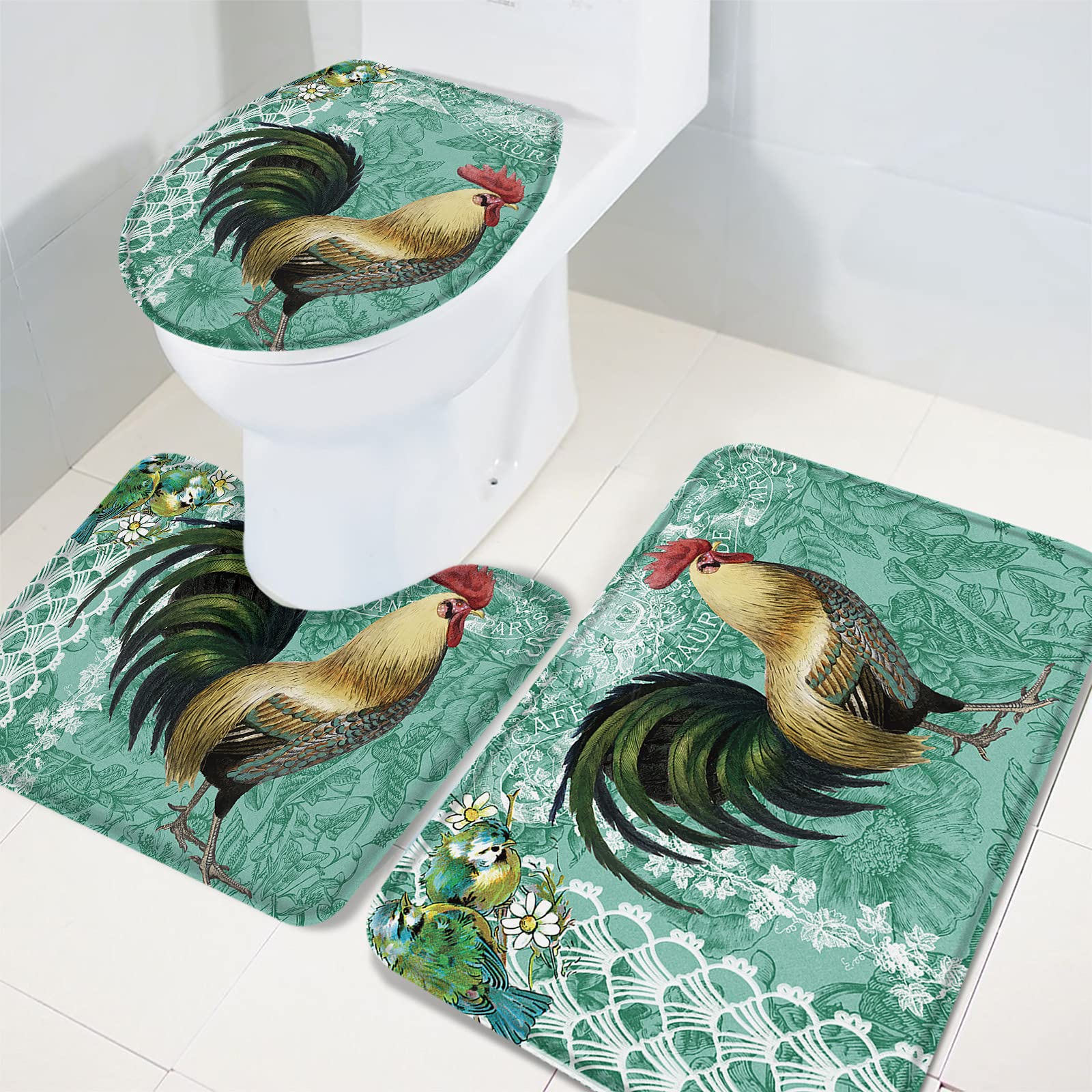Vintage Farm Rooster Non-Slip 3-Piece Bathroom Rug Set - Absorbent Contour Mat, Toilet Lid Cover & Soft Shower Mat with Green Backdrop | Perfect for Farmhouse, Cottage & Vintage Style Bathrooms