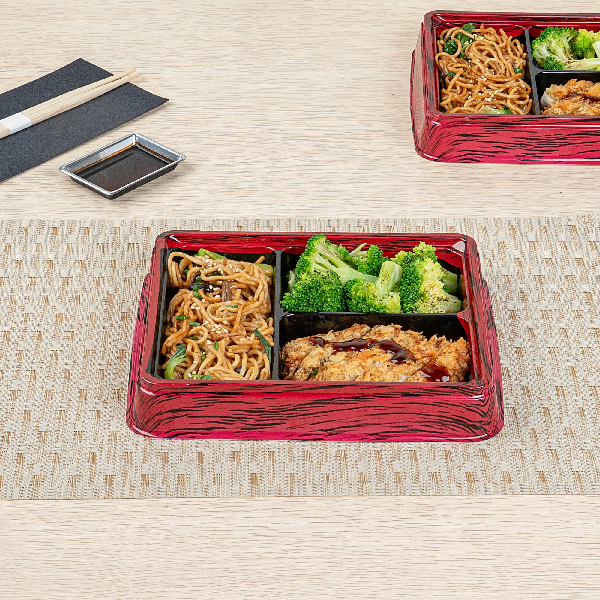 Bento Tek 16 oz Rectangle Red and Black Plastic Bento Box - 3 Compartments Lunch Container (8.75