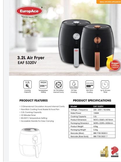 Europace EAF 5320V 3.2L Air Fryer Rose Gold - Healthy Oil Free Cooking for Family, Perfect for Roasting, Baking & Frying - Ideal for Home Kitchen & Small Families