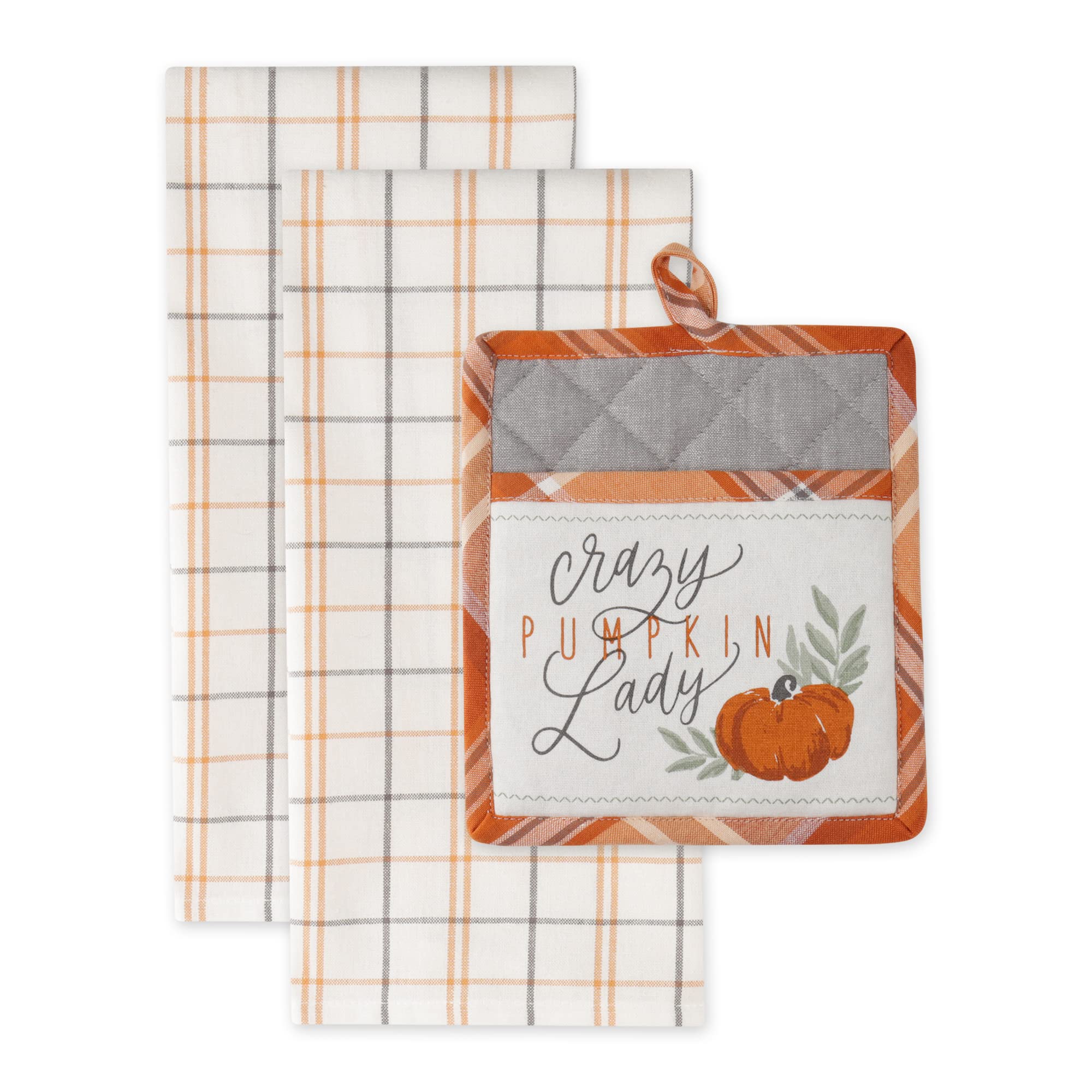 DII Fall Kitchen Décor Collection - Pumpkin Lady 3-Piece Dish Towel & Potholder Set - Perfect Hostess Gift for Thanksgiving & Autumn Home Decor