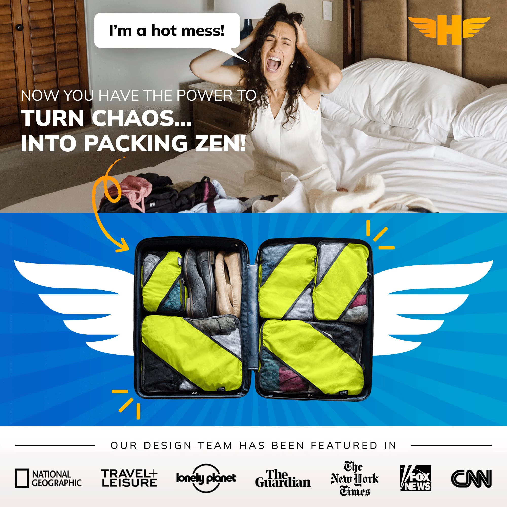 HERO Packing Cubes Set of 5 - Premium Travel Luggage Organizers with 2 Laundry Bags for Suitcases - Perfect for Business Trips, Vacations & Weekend Getaways