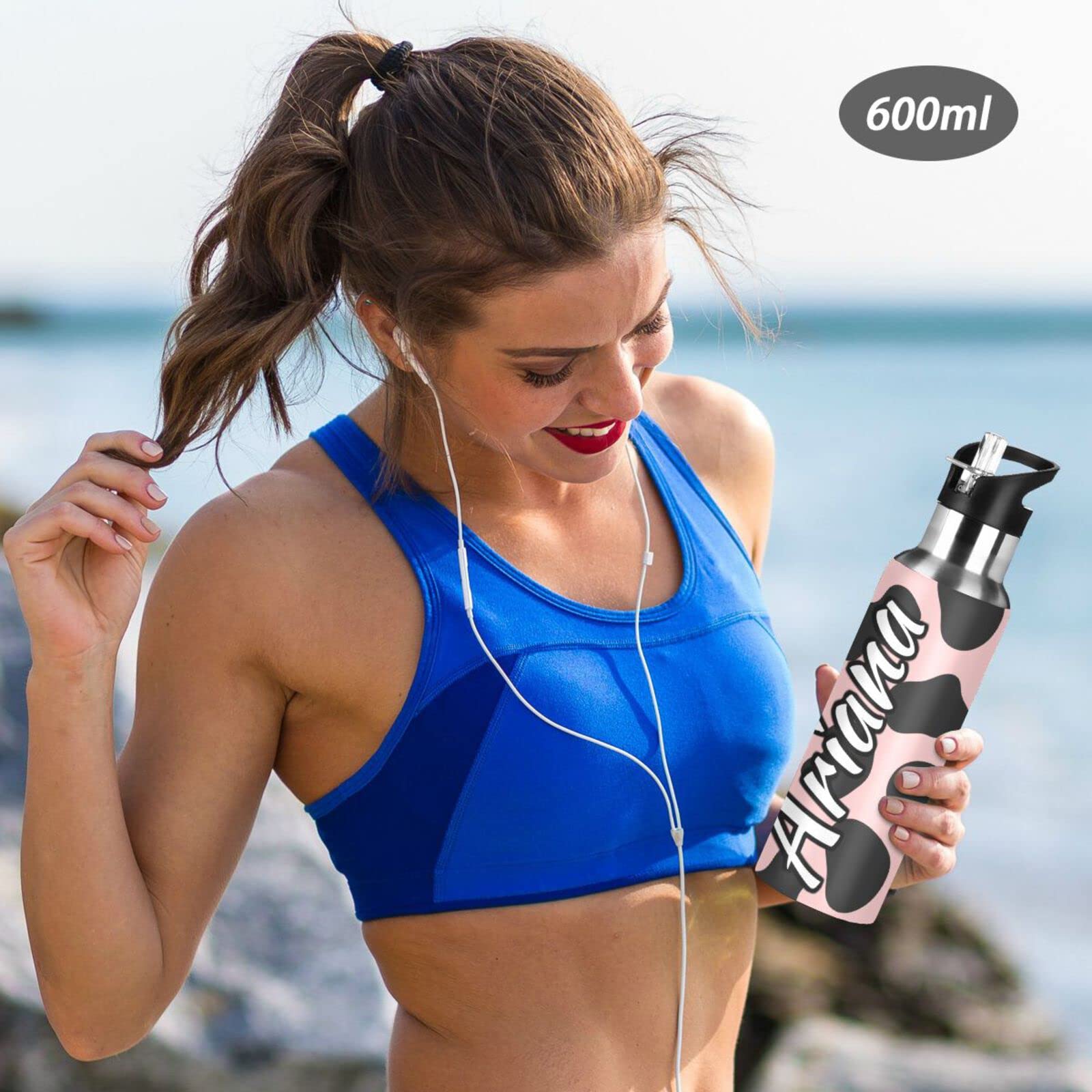 Custom Personalized 20oz Insulated Stainless Steel Water Bottle with Straw Lid - Pink & Black Double Wall Vacuum Flask for Hiking, Sports, Gym & Outdoor Activities | Leakproof & Sweatproof Design