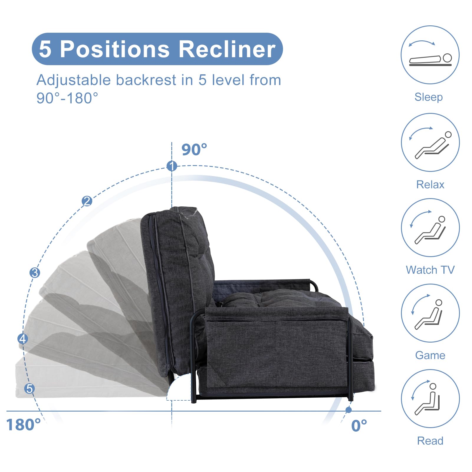 MAXYOYO Adjustable Floor Sofa Bed - Multi-Functional Folding Couch Bed with 2 Pillows, Grey - Perfect for Small Spaces, Guest Rooms & Living Room Lounging