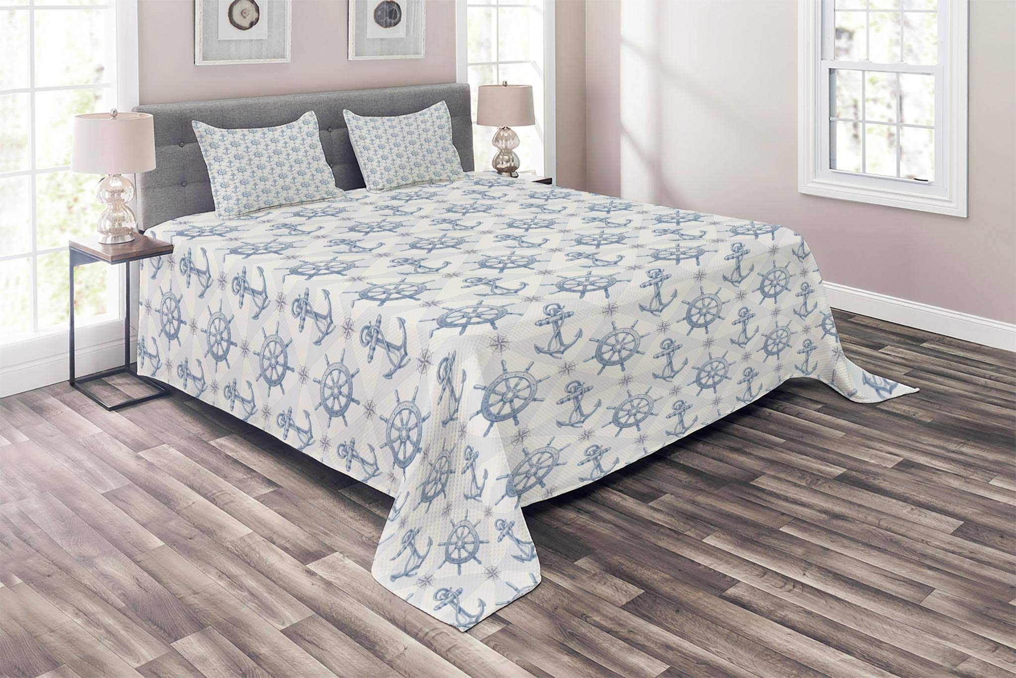 Lunarable Nautical Quilt Set - Hand Drawn Compass Anchor & Ship Wheel Design, 3-Piece Blue Pale Grey Bedspread with 2 Pillow Shams, Queen Size | Coastal Bedroom Decor, Beach House Bedding, Marine Theme Home Accessories