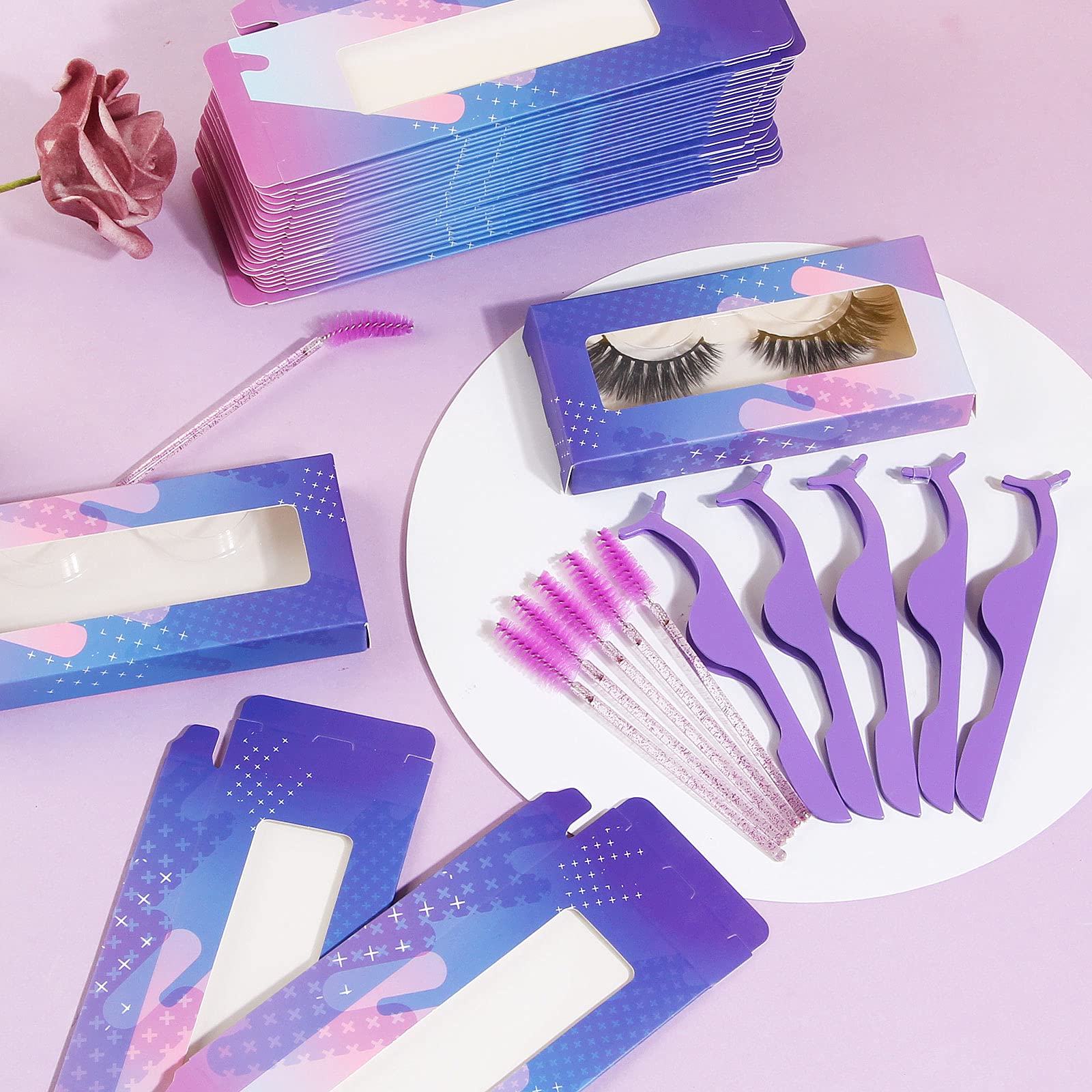 175-Piece Eyelash Extension Packaging Kit - 30 Empty Lash Boxes, 30 False Eyelash Trays, 15 Tweezers & 100 Disposable Mascara Wands (Purple) | Professional Salon Supplies & DIY Lash Extension Accessories